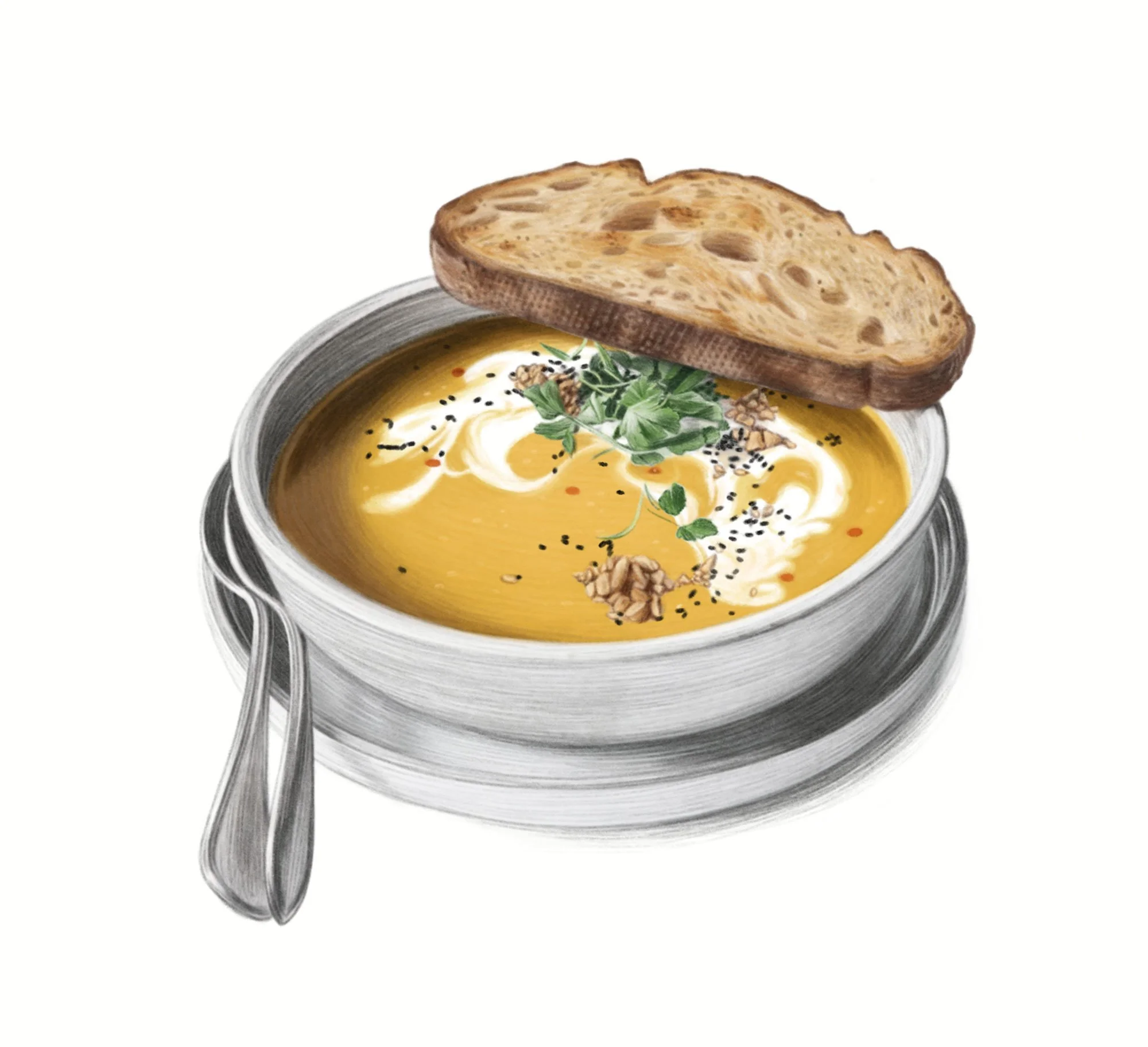 Colored pencil drawing of Roasted pumpkin soup with toasted sourdough bread