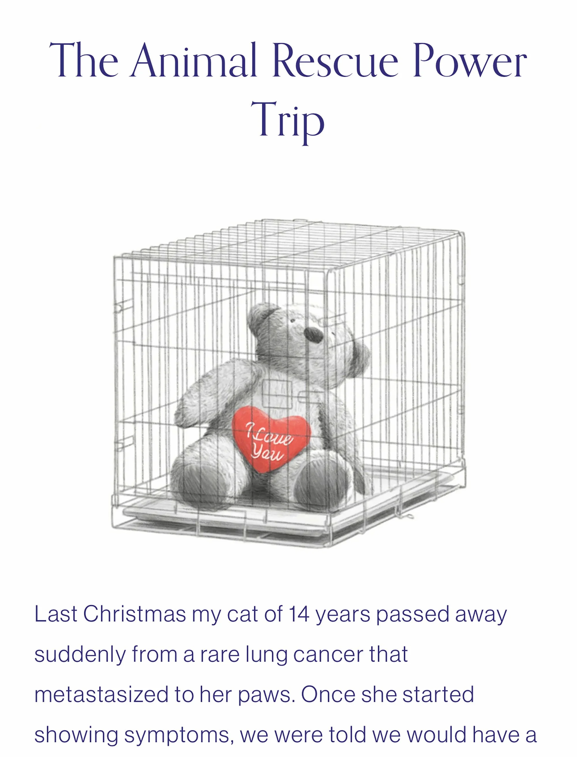 A teddy bear holding a red heart inside a wire cage for a blog post titled, The Animal Rescue Power Trip 
