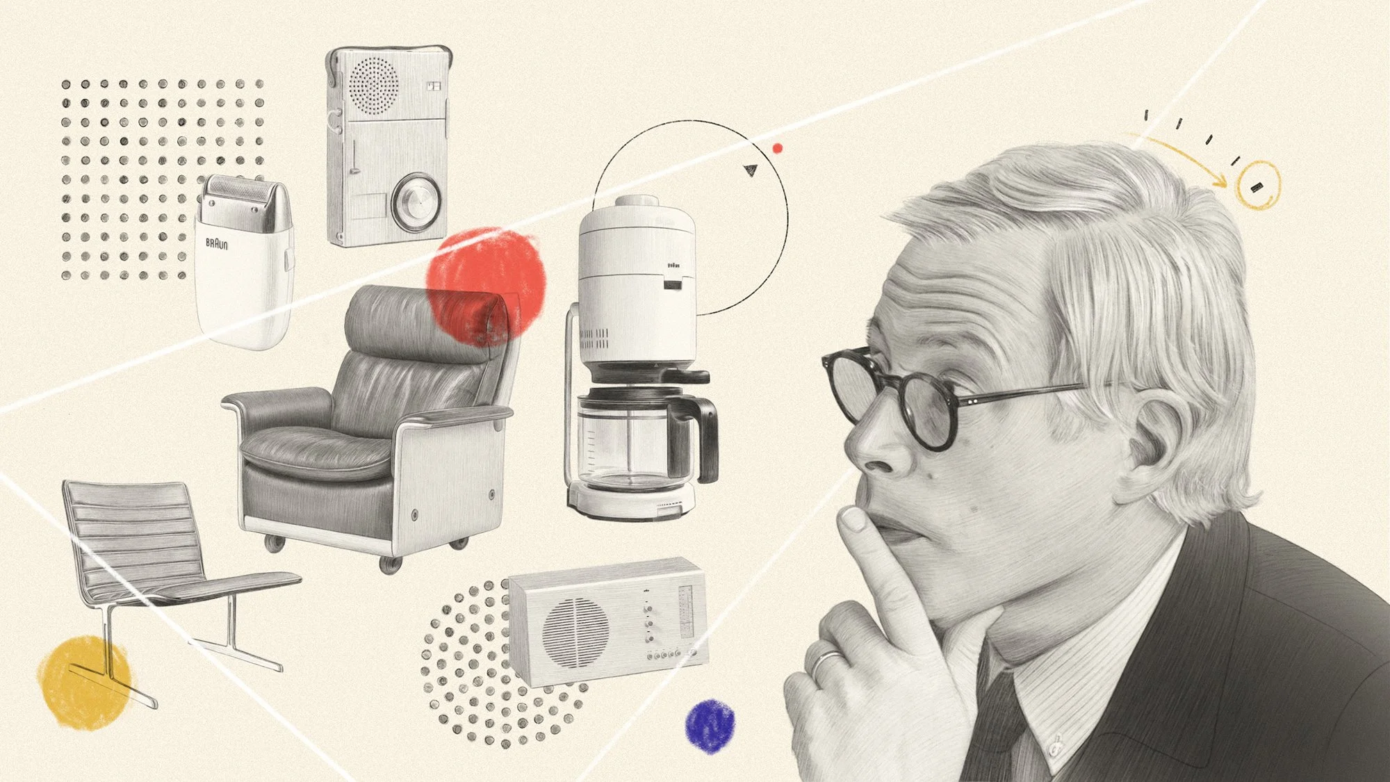 Portrait of designer, Dieter Rams with his iconic designs for Braun and Vitsoe