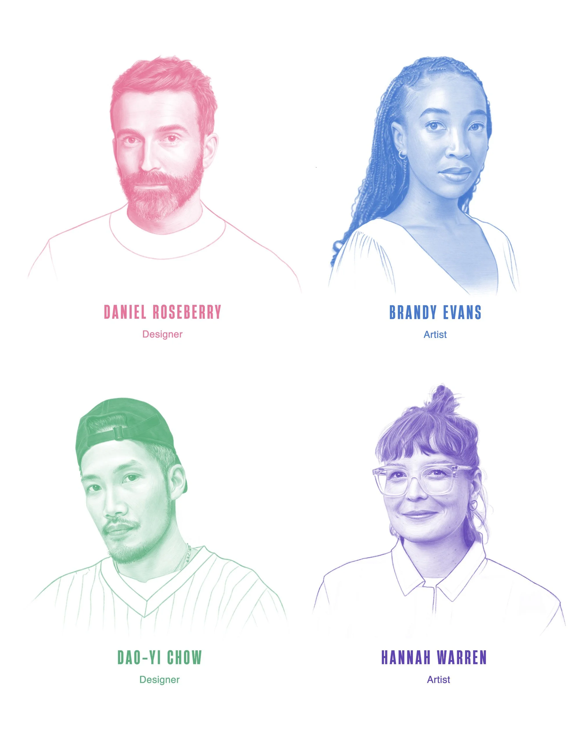 Illustrated portraits of contributors for Wallpaper Magazine by Dena Cooper 