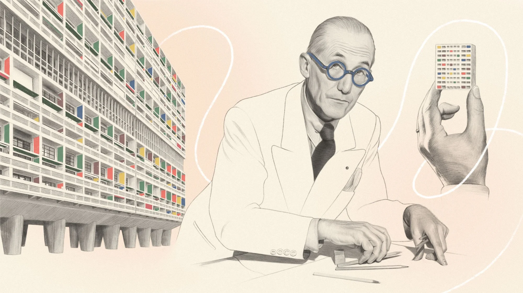 Illustrated architectural portrait of Le Corbusier in front of his Unite d'Habitation building by Dena Cooper 