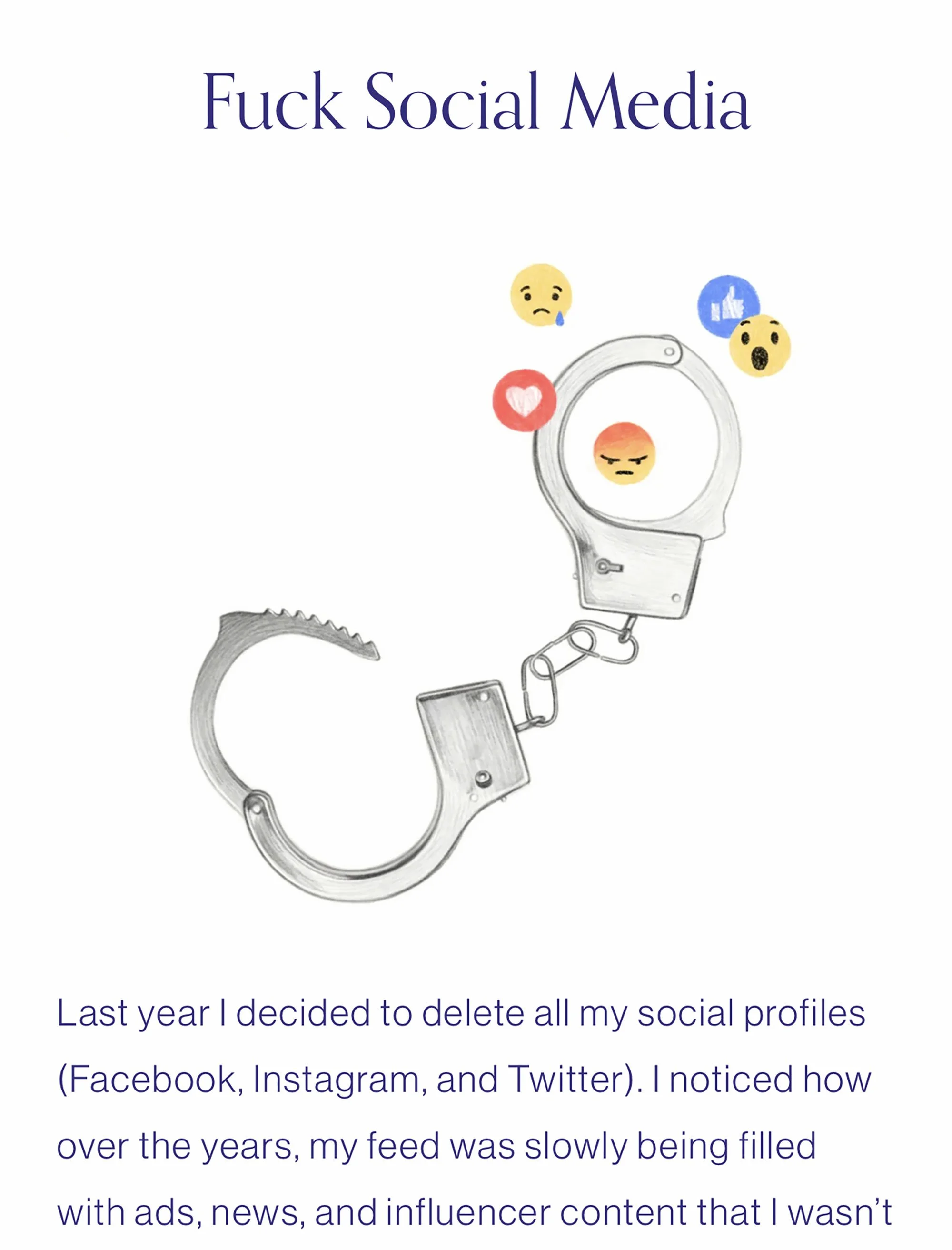 Handcuffs linked with social media reaction emojis symbolize the feeling of being trapped by social media addiction and digital pressure.