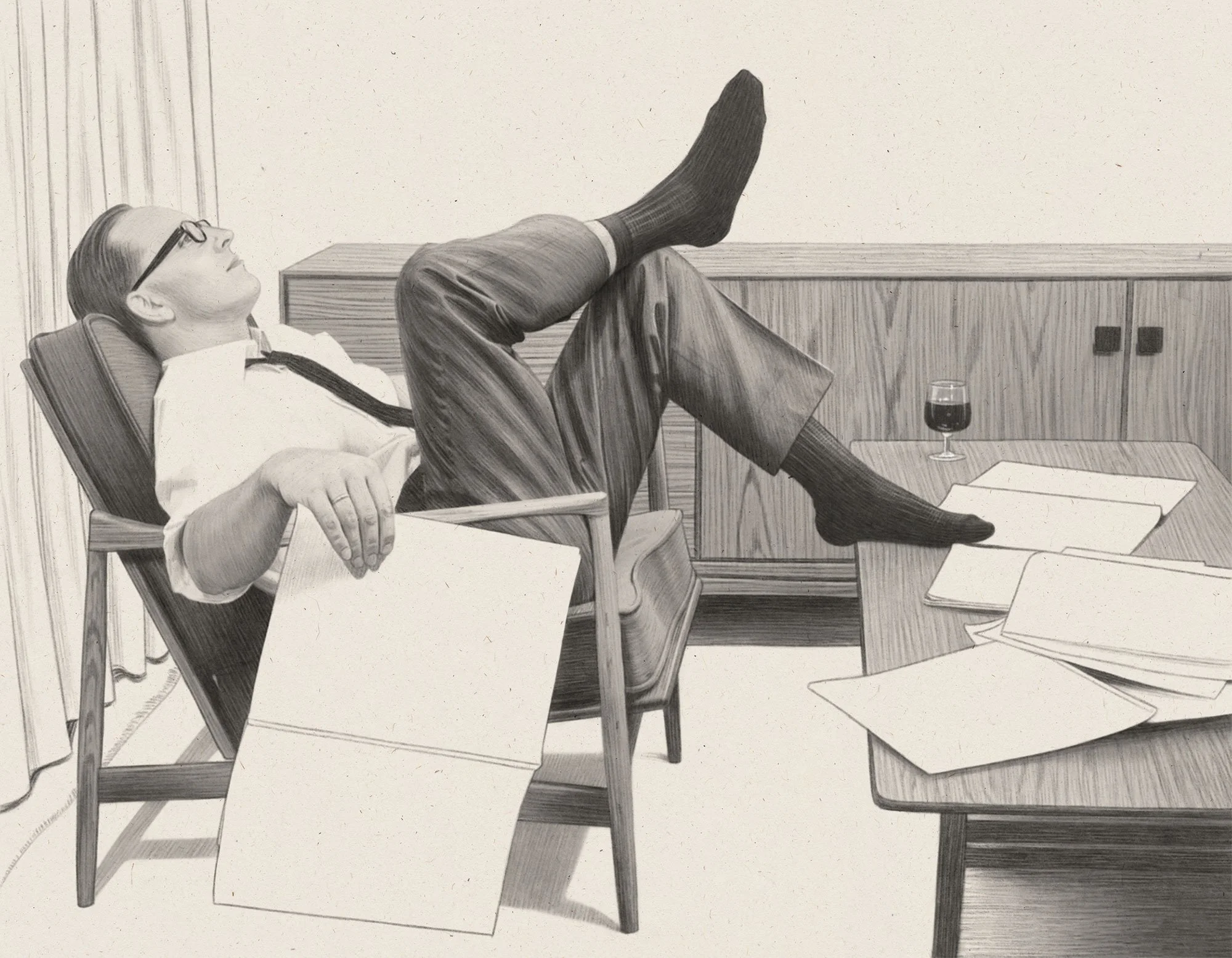 Designer Ib Kofod Larsen with his teak furniture designs. 