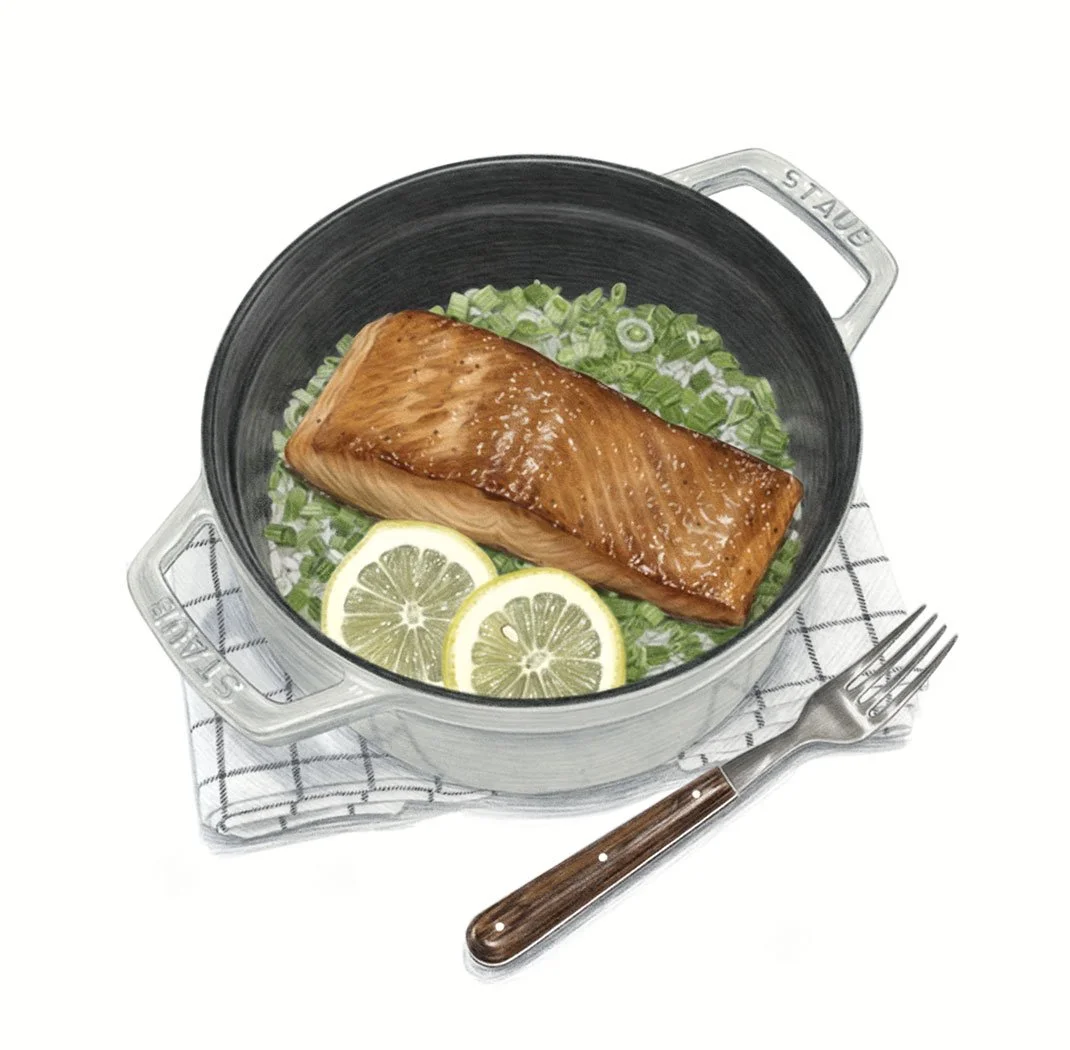 Roasted Salmon with lemon in colored pencil illustration by Dena Cooper 