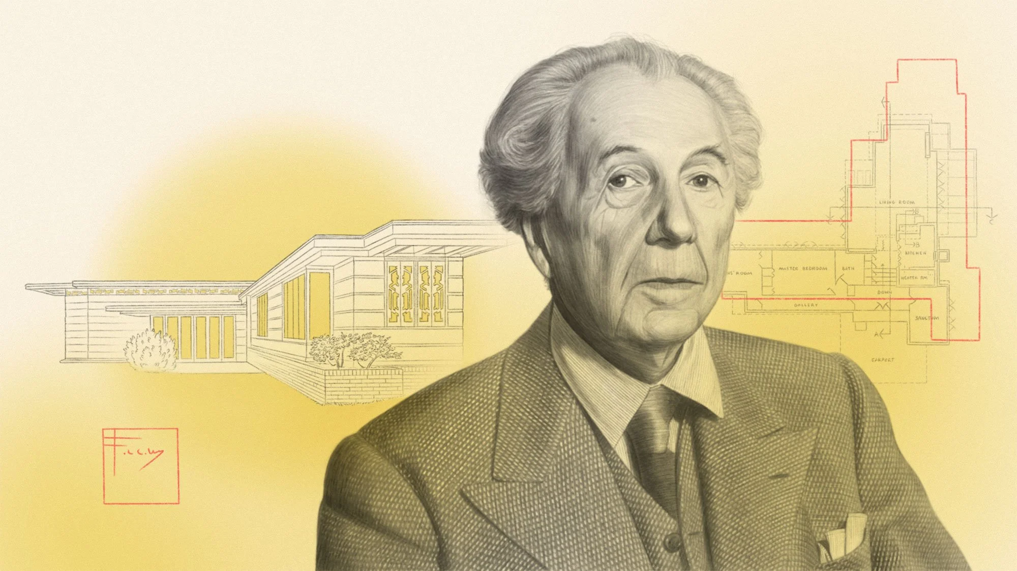 Illustrated architectural portrait of Frank Lloyd Wright in front of Usonian house by Dena Cooper 