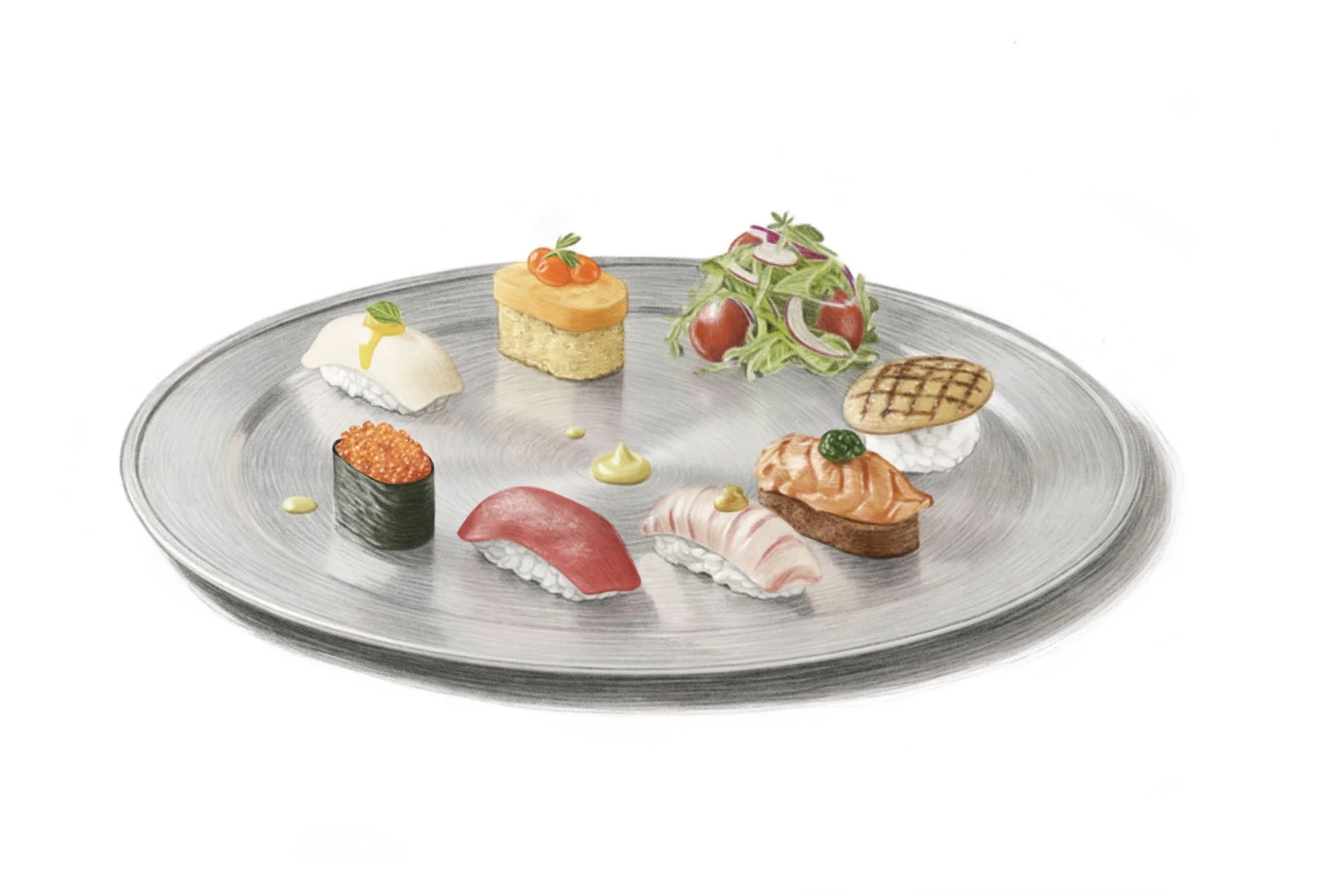 Sushi platter in colored pencil 
