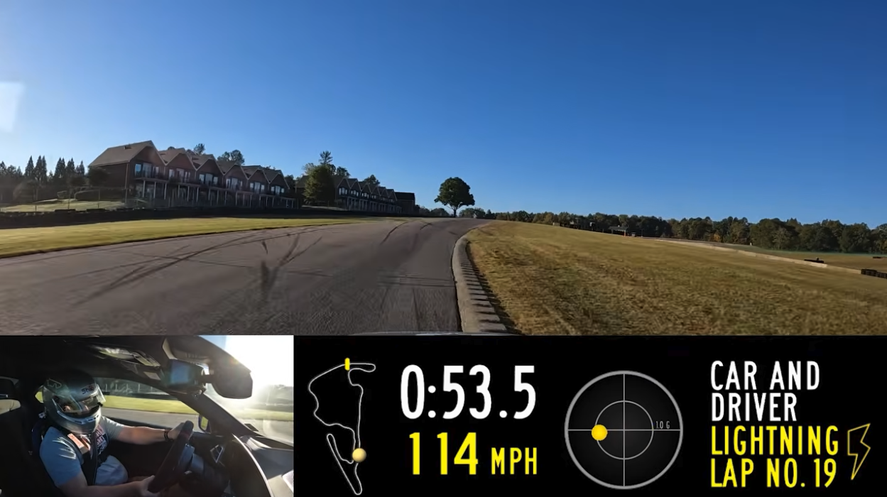 Split view of track ahead from the driver's perspective, profile of driver in vehicle, and corresponding data for that event