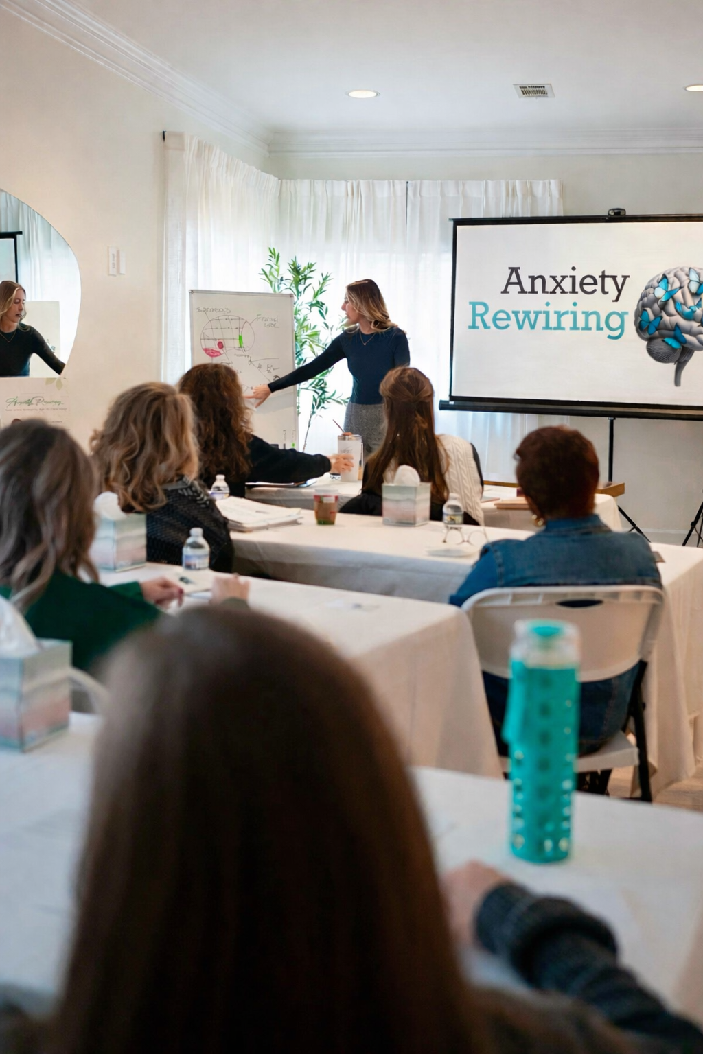 Person receiving a facial treatment with a white mask applied, blue headband, and a green bowl of cream in hand.