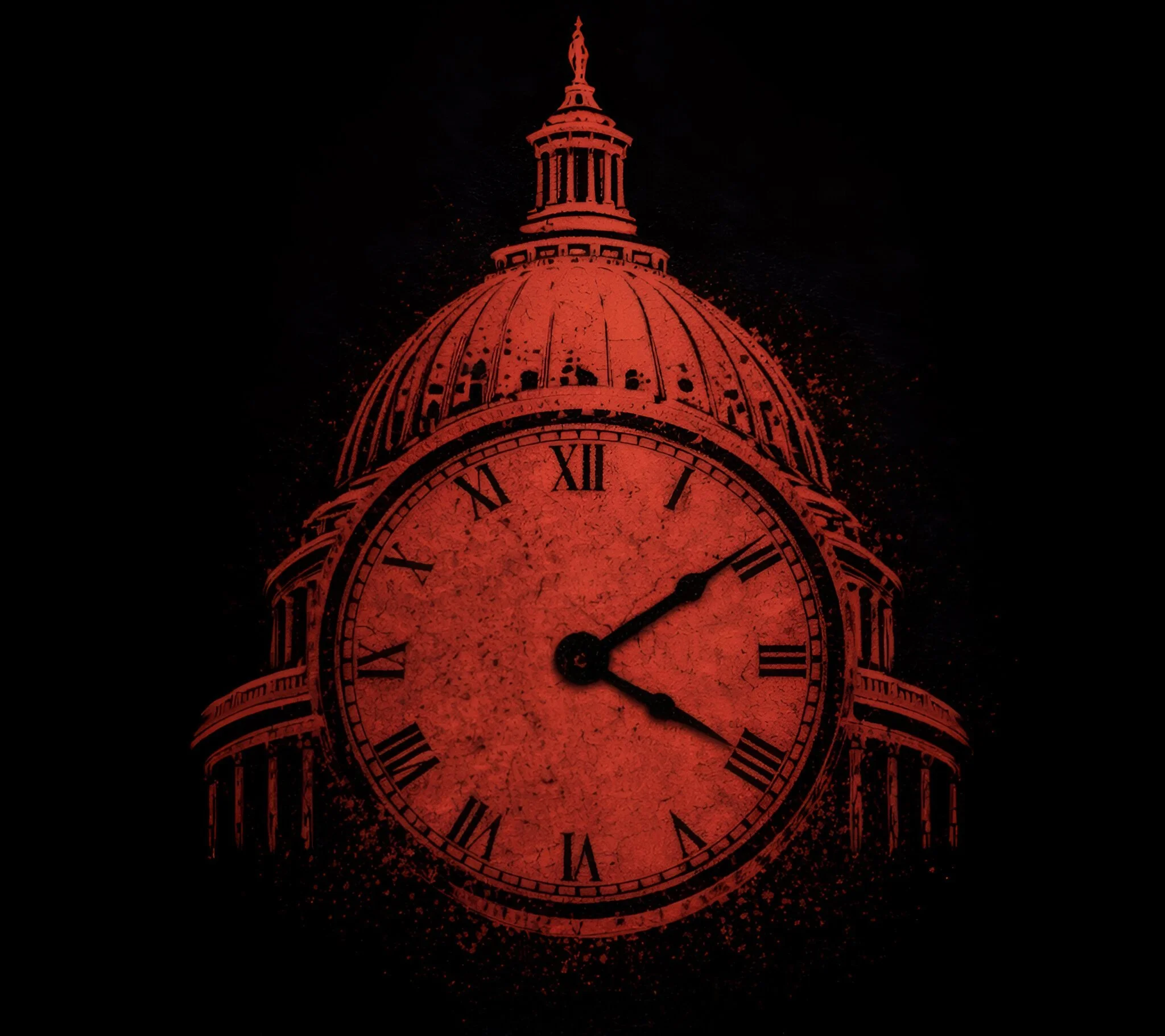 Red sketch of a clock tower and dome on a black background.