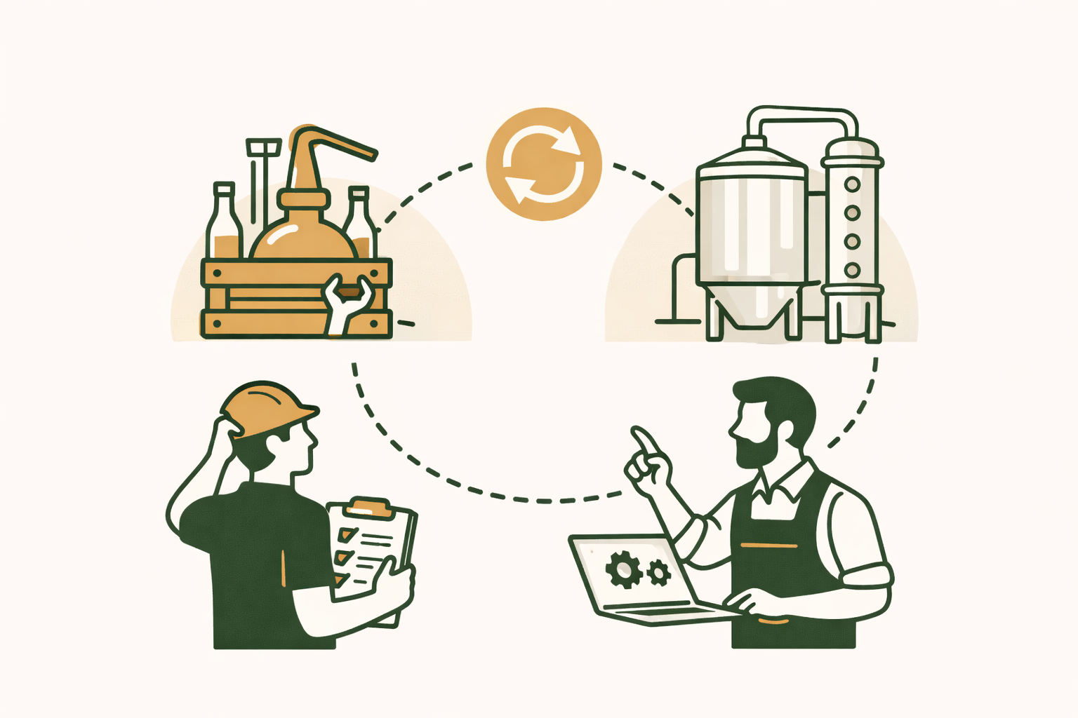 Illustration of a production cycle involving chemical or industrial processing, with two workers and machinery connected by a circular flow with an recycling symbol at the top.