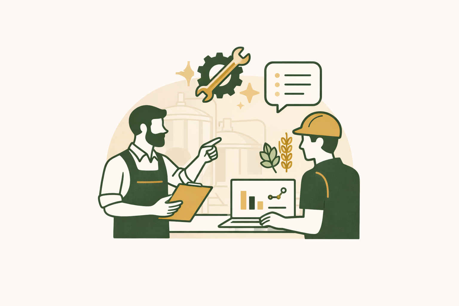 Two men discussing work, one holding a clipboard and the other working on a laptop, with icons of gears, chat bubbles, plants, and manufacturing tanks in the background.