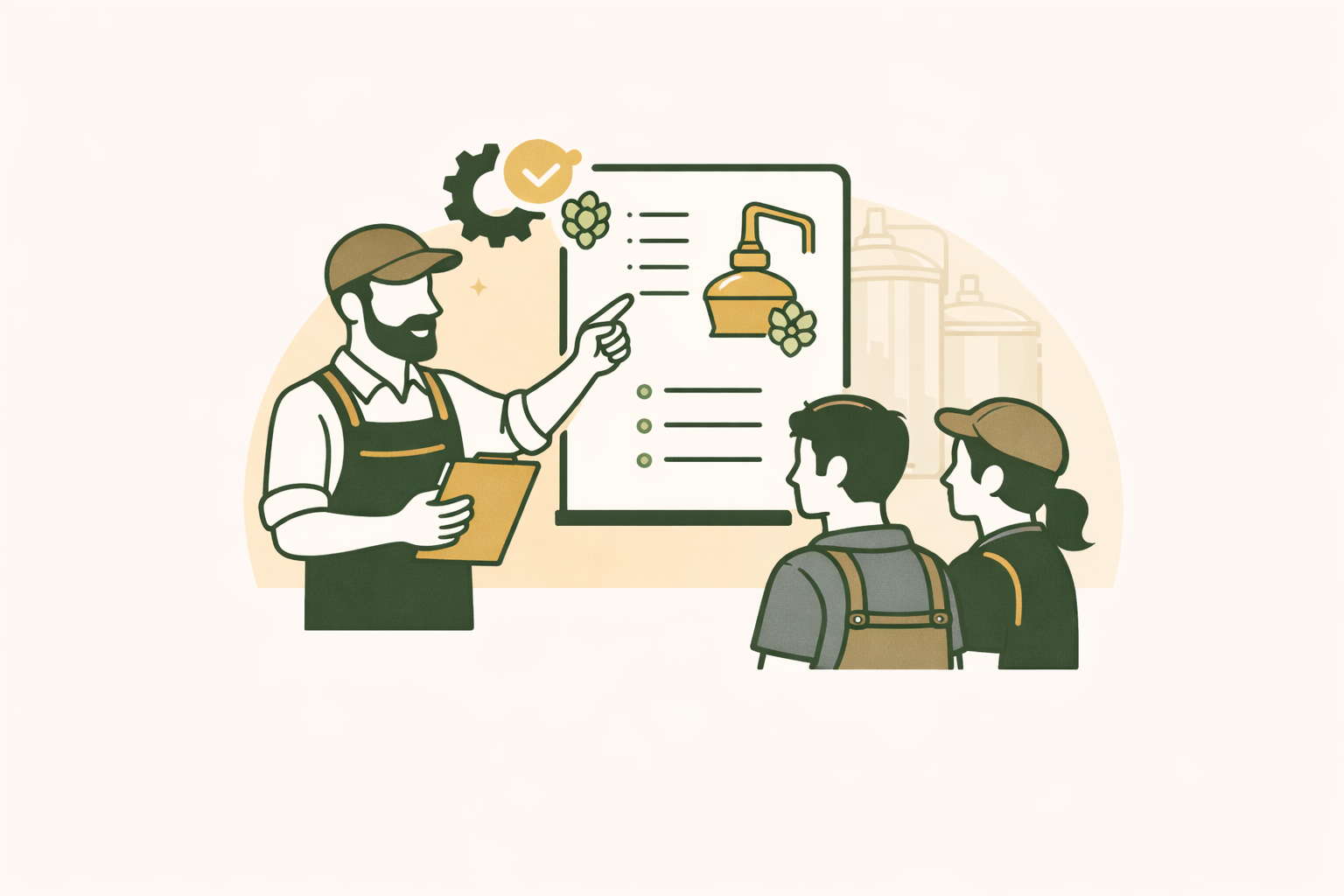 A person giving a presentation about a watering can, with an illustration of a watering can and a gear icon on a presentation board, while two others listen.