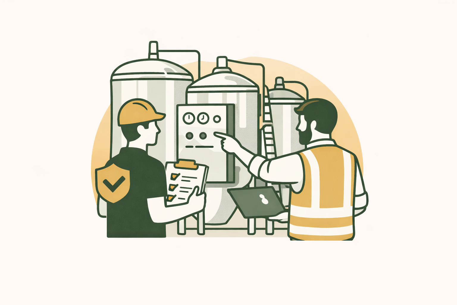 Two workers in an industrial setting discussing equipment, one holding a checklist and the other pointing at control panels on large tanks.