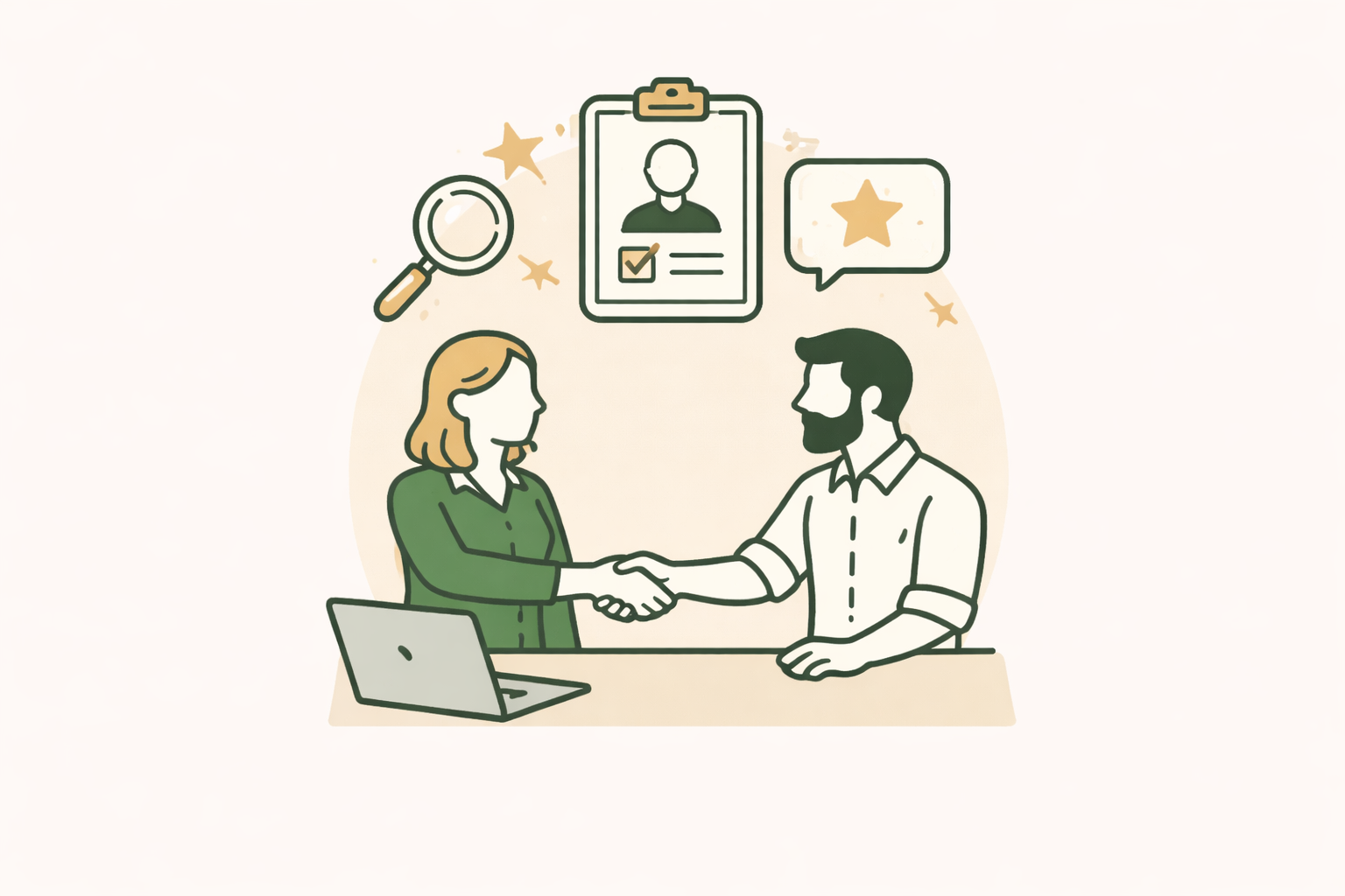 Illustration of a man and woman shaking hands during a job interview, with a laptop on the table and various icons above, including a magnifying glass, a resume with a checkmark, and a speech bubble with a star.