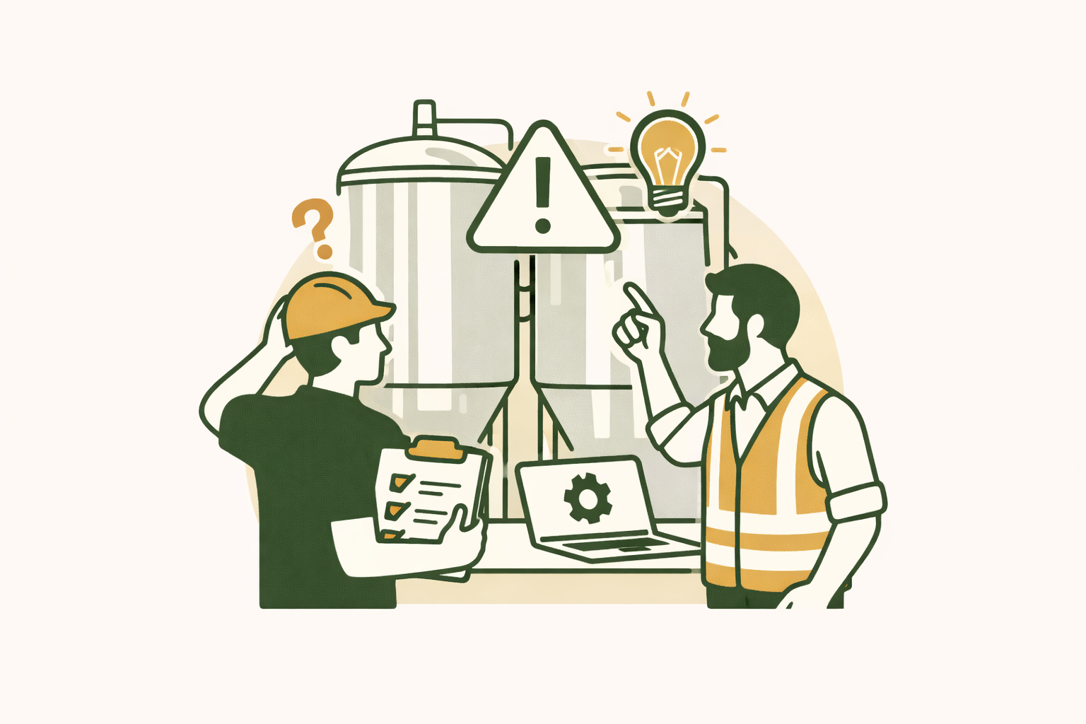 Two workers in a factory discussing safety, with a caution sign and a light bulb above, one holding a clipboard and the other pointing.
