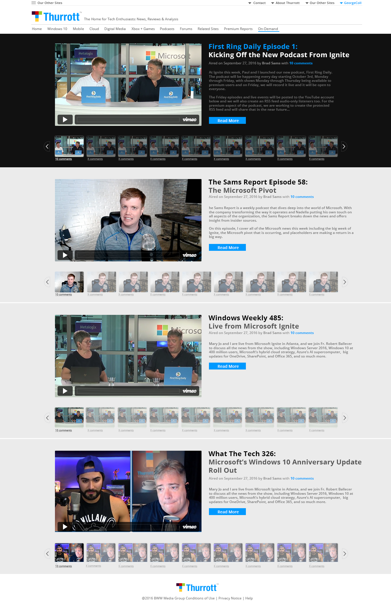 Screenshot of Thurrott podcast page with episodes featuring tech discussions, including First Ring Daily, The Sams Report, Windows Weekly, and What The Tech. Includes video thumbnails, descriptions, and "Read More" links.