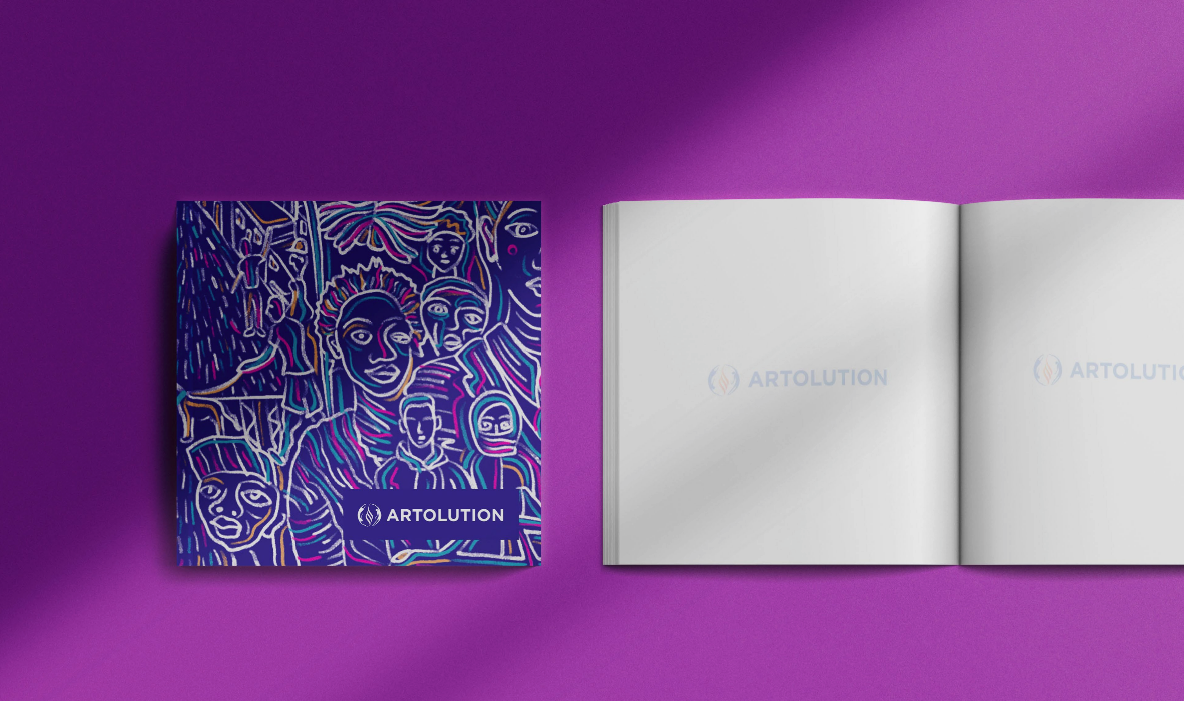 Colorful illustrated book cover featuring abstract faces, with "Artolution" logo, next to an open blank book, on a purple background.
