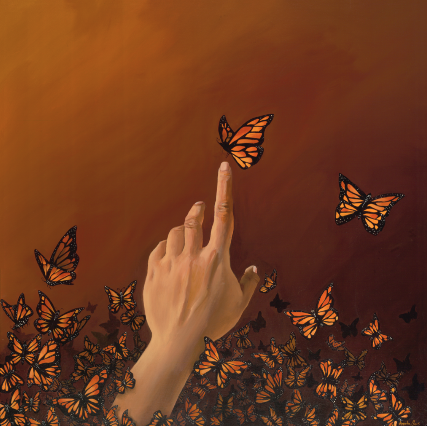 A human hand with the index finger pointing upward, surrounded by numerous orange and black Monarch butterflies flying against a warm, reddish-brown background.