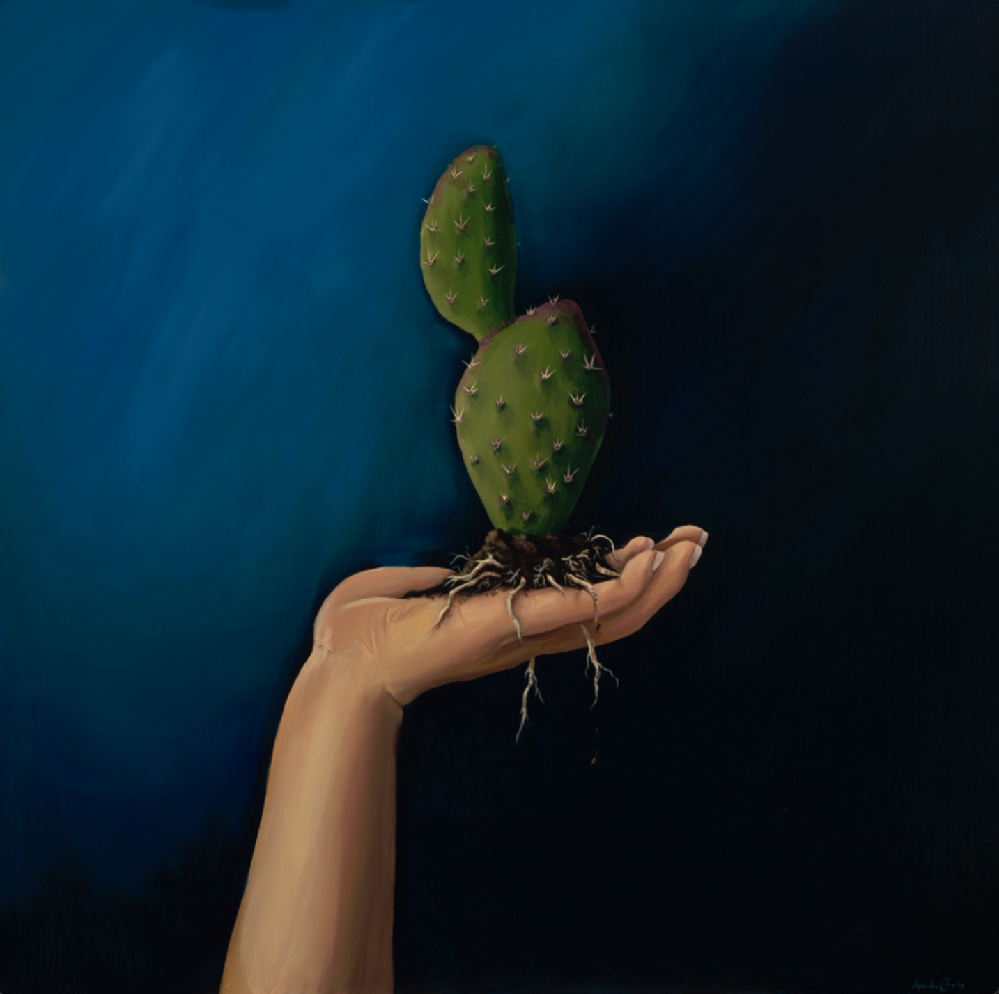 A realistic painting of a human hand holding a small cactus plant with roots, against a dark blue background.