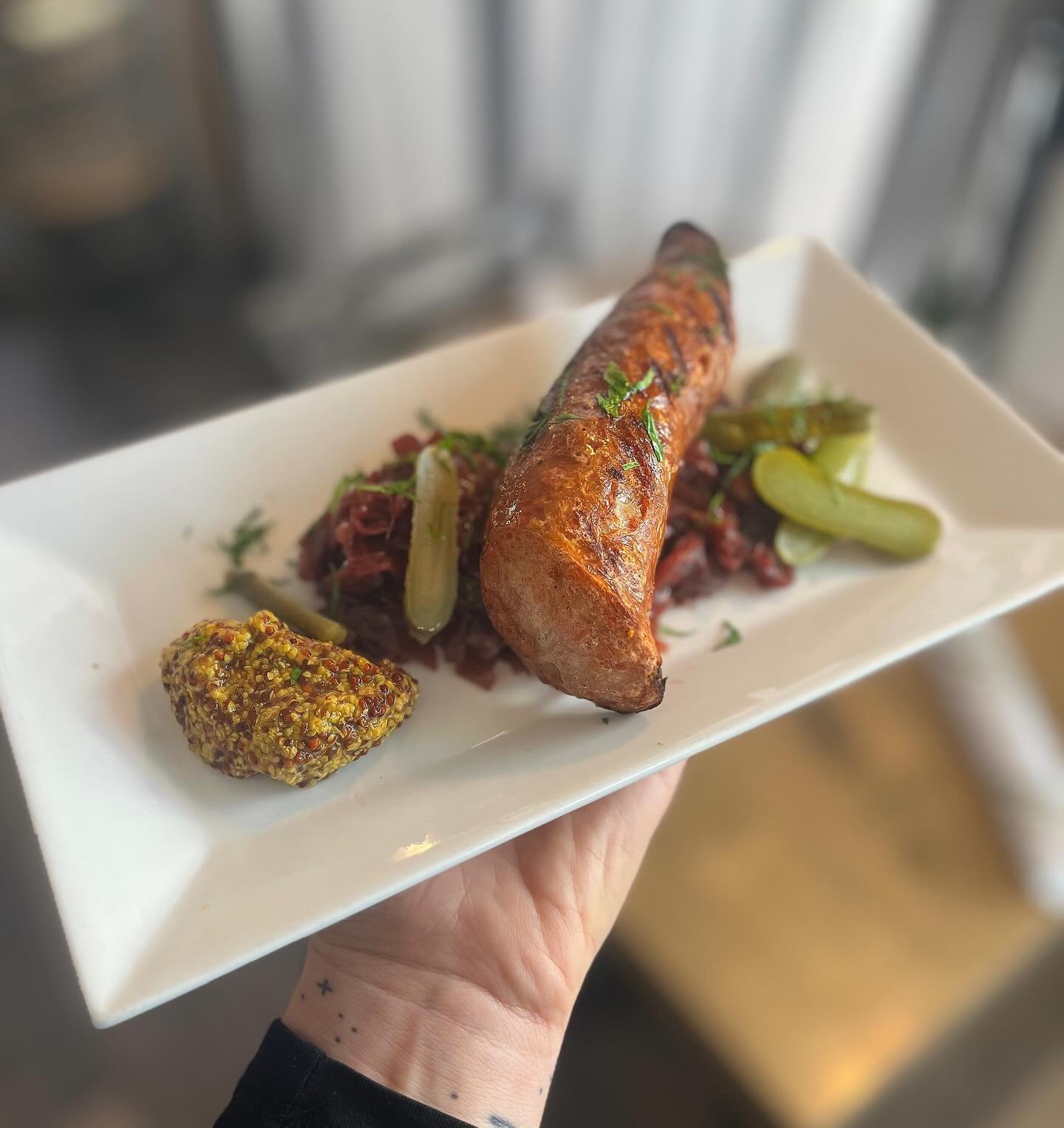 Patio Smoked Bratwurst&bull;red wine braised cabbage&bull;whole grain mustard&bull;cornichons
.
.
.
.
.
.
.
.
.
.
.
#bratwurst #sausage #smokedbratwurst #braisedcabbage #seasonalfood #seasonaldining #eatlocal #seasonalfood #farmtotable #farmtofork #s