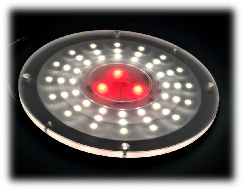 SMART8 8" LED dome light for industrial and commercial use. Blackout red lighting feature. Standard surface mounting hole pattern.