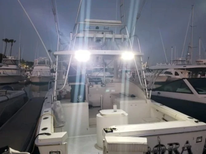 LED scene lights on boat deck. High lumens and wide beam angle provide ample light for any activity.