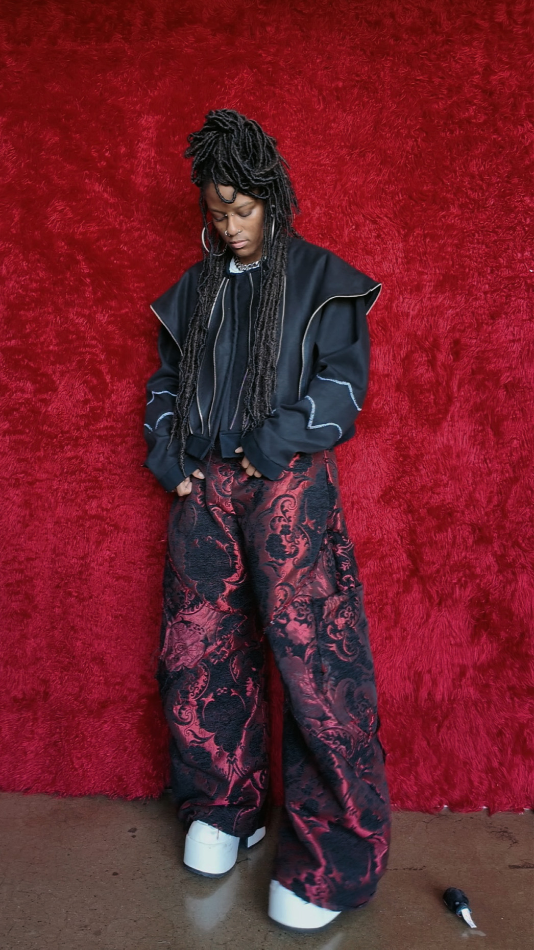 The Denim Zipper Jacket - Large 
The Holster Jacquard Pants in Red 
- Fits Sizes 32-36 