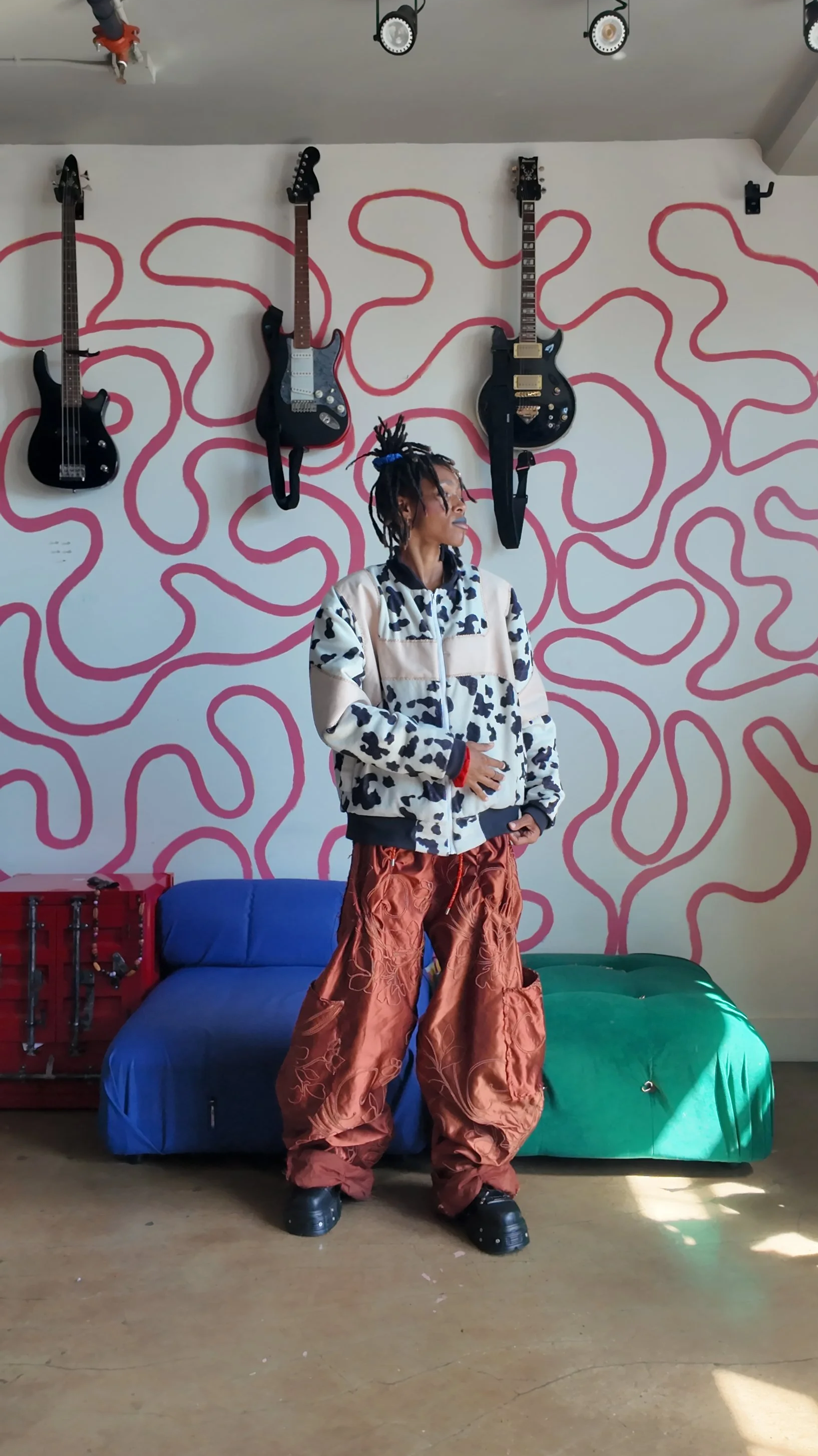 The Cow Jacket  - Large 
Pleated Embroidery Pants in Orange 
- Fits Sizes 32-36 