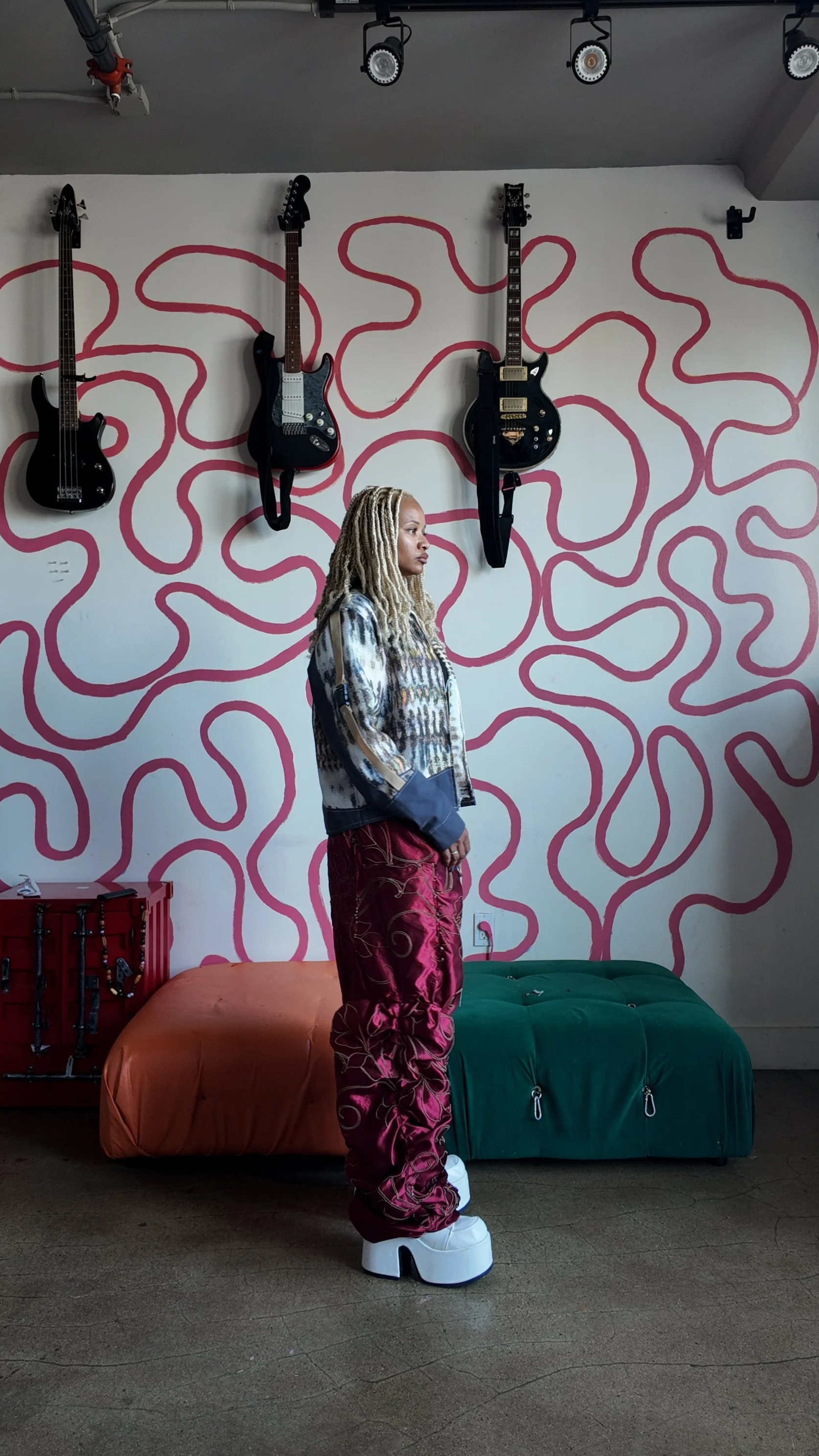 The Snake Jacket in Brown- Medium 
Pleated Embroidery Pants in Red 
- Fits Sizes 32-36 