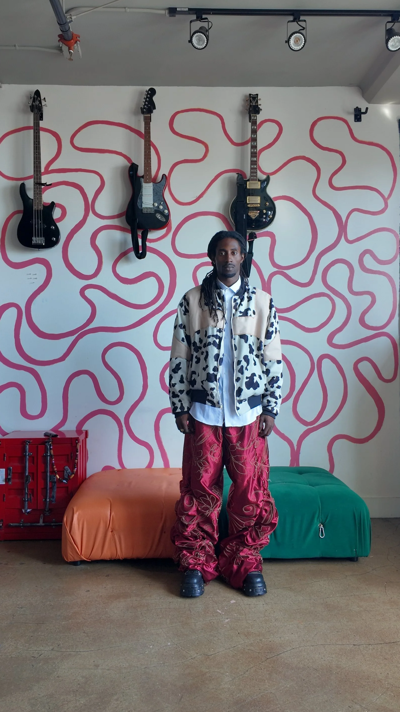 The Cow Jacket  - Large 
Pleated Embroidery Pants in Red
 
- Fits Sizes 32-36 