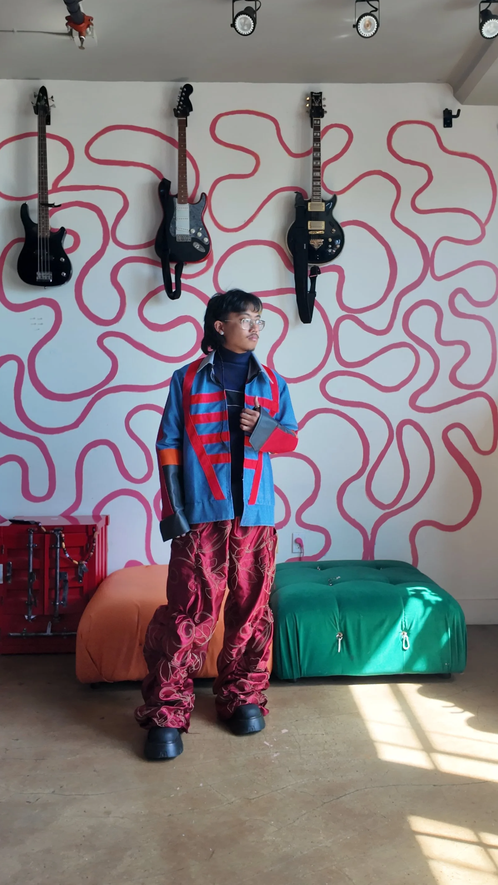 The Bandcamp Jacket - Medium 
Pleated Embroidery Pants in Red 
- Fits Sizes 32-36 