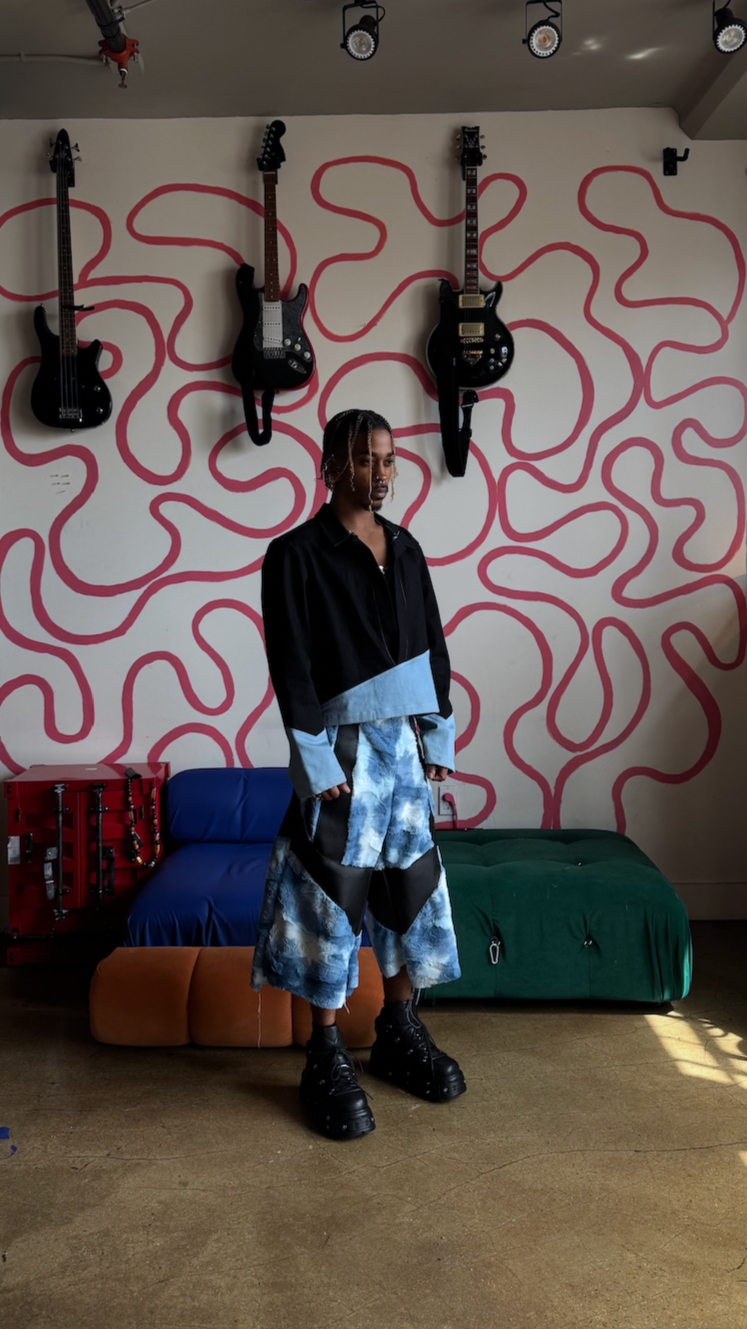 The Denim Slant Polo  - Medium 
The Fur Shorts in Blue -  Large