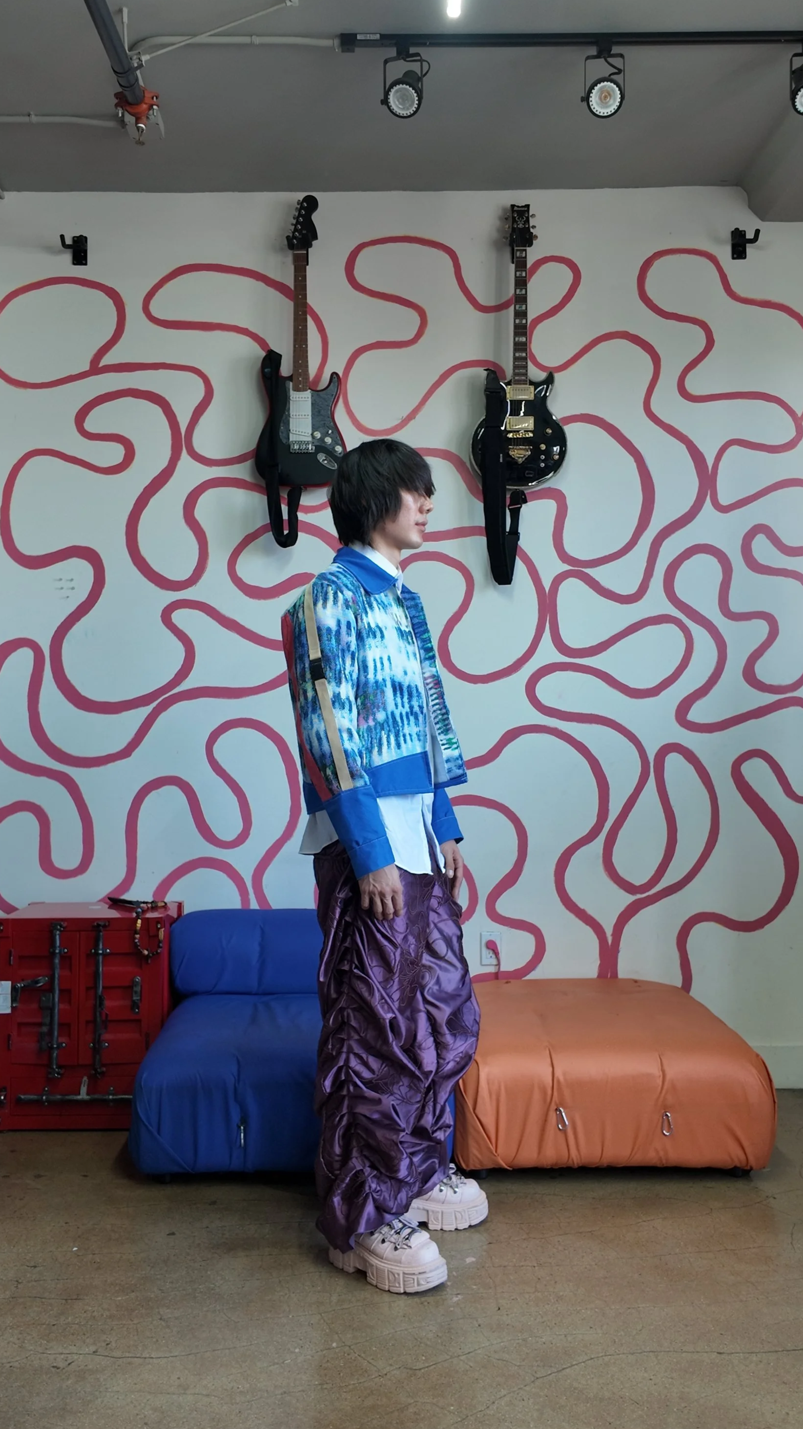 The Snake Jacket in Blue - Medium 
Pleated Embroidery Pants in Purple 
- Fits Sizes 32-36 