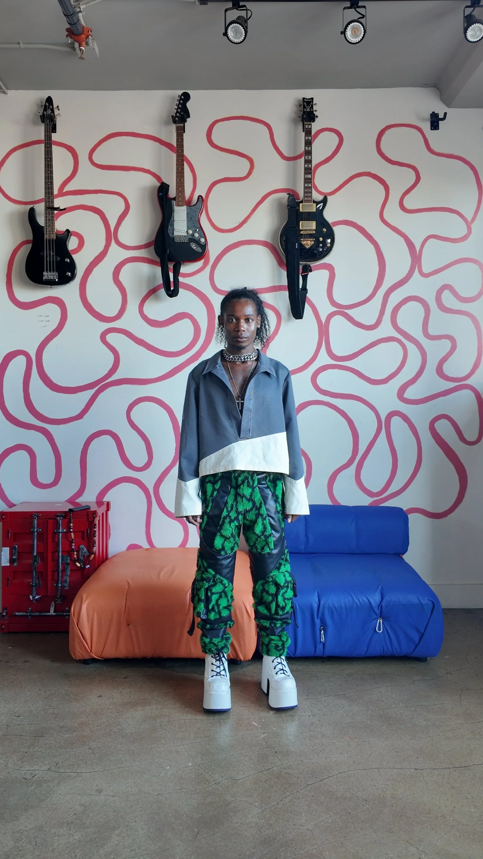 The Slant Polo in Grey- Medium 
The Cyber Fur Pants in Green 
- Size 30