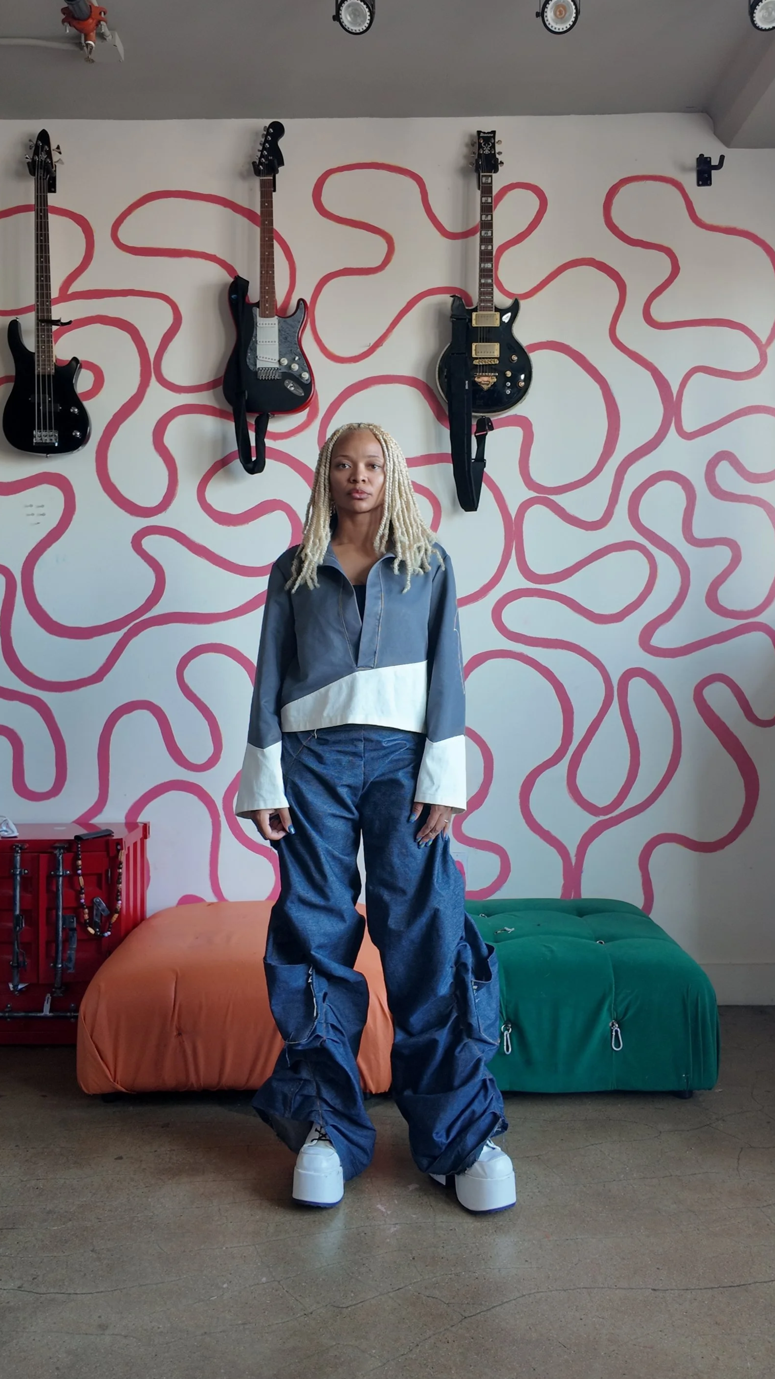 The Slant Polo in Grey- Medium 
The Pleated Denim Pants 
- Fits Sizes 32-36