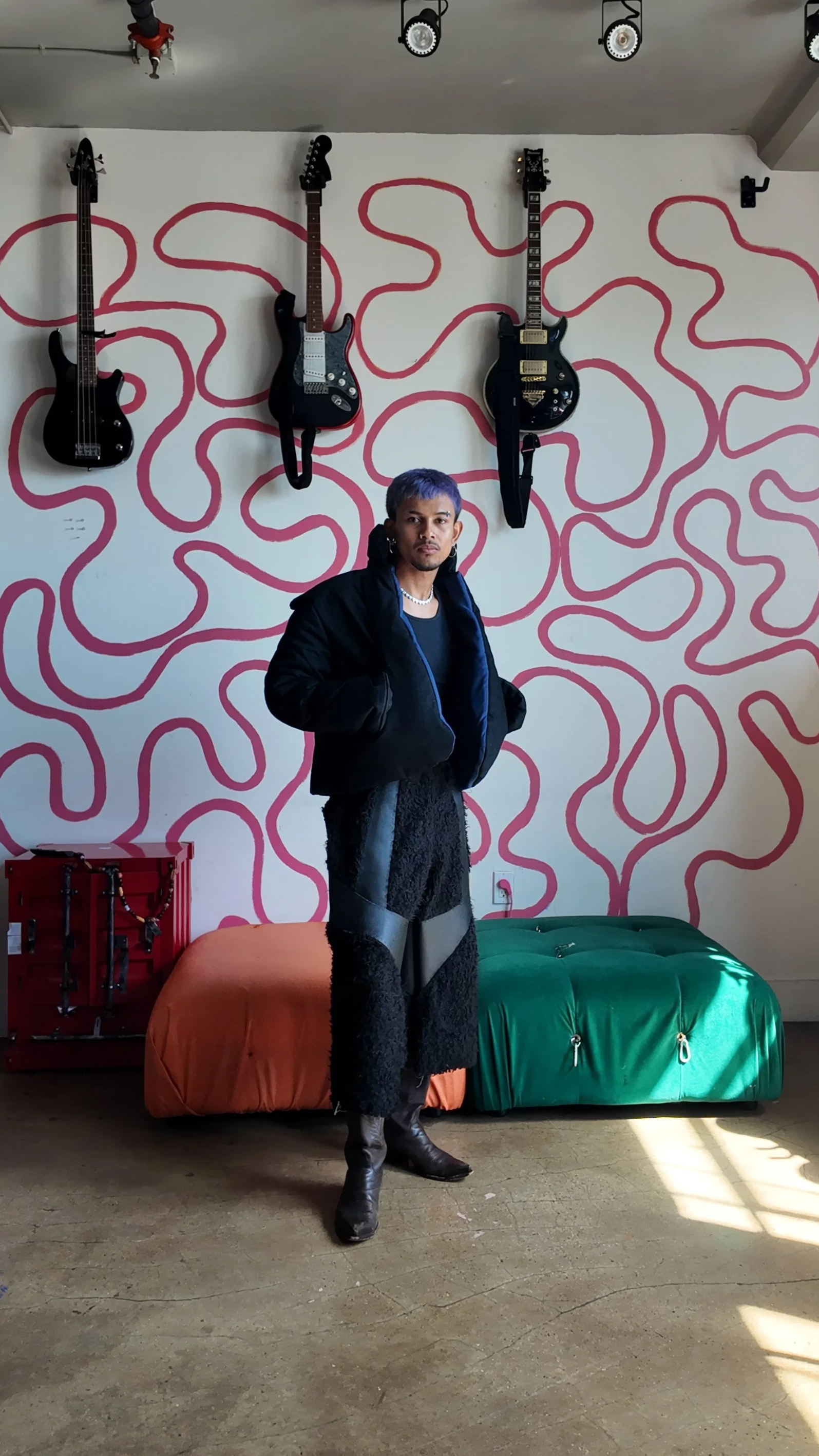 The Denim Puffer Jacket - Small  
The Fur Shorts in Black - Large