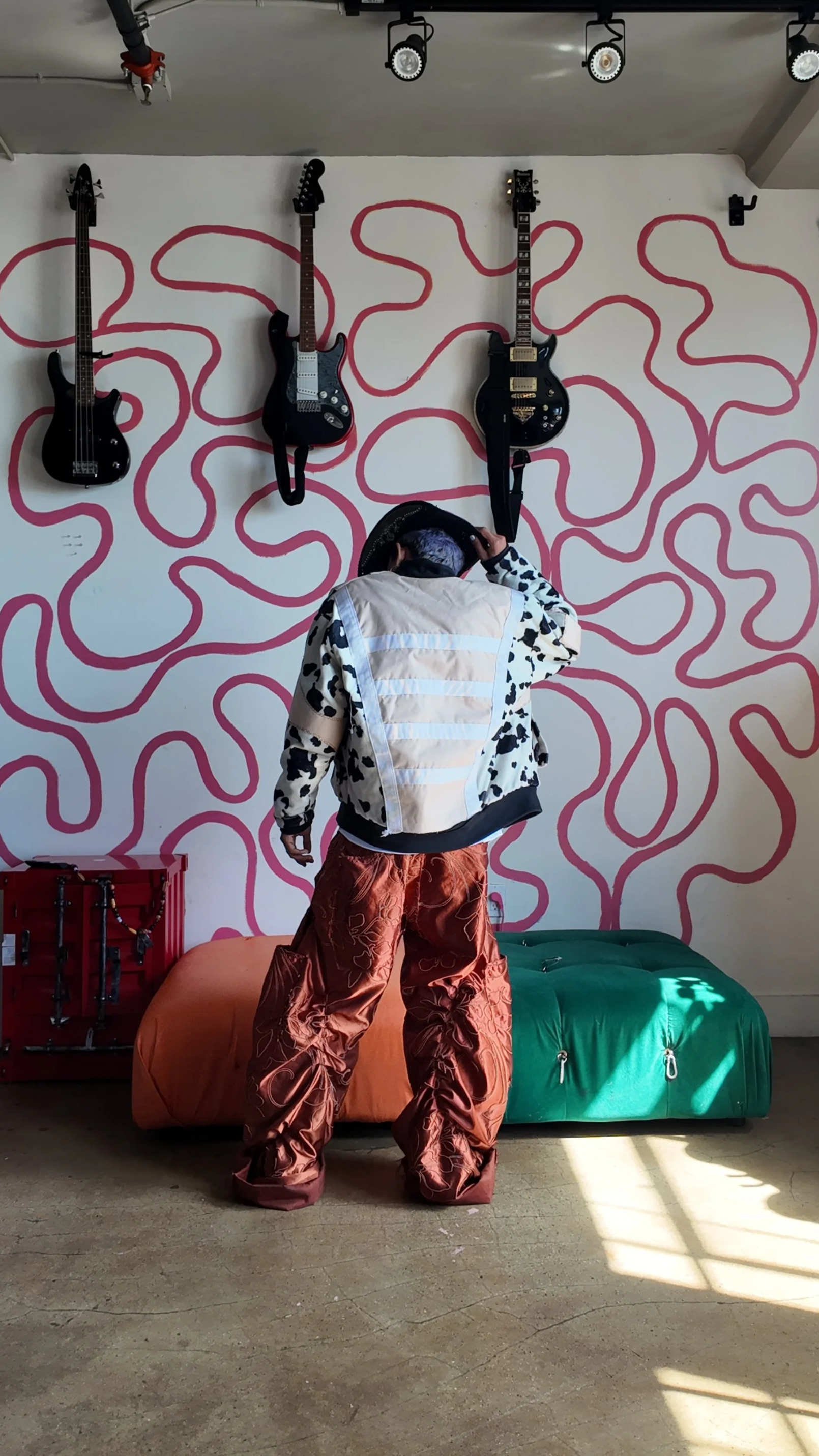 The Cow Jacket  - Large 
Pleated Embroidery Pants in Orange 
- Fits Sizes 32-36 