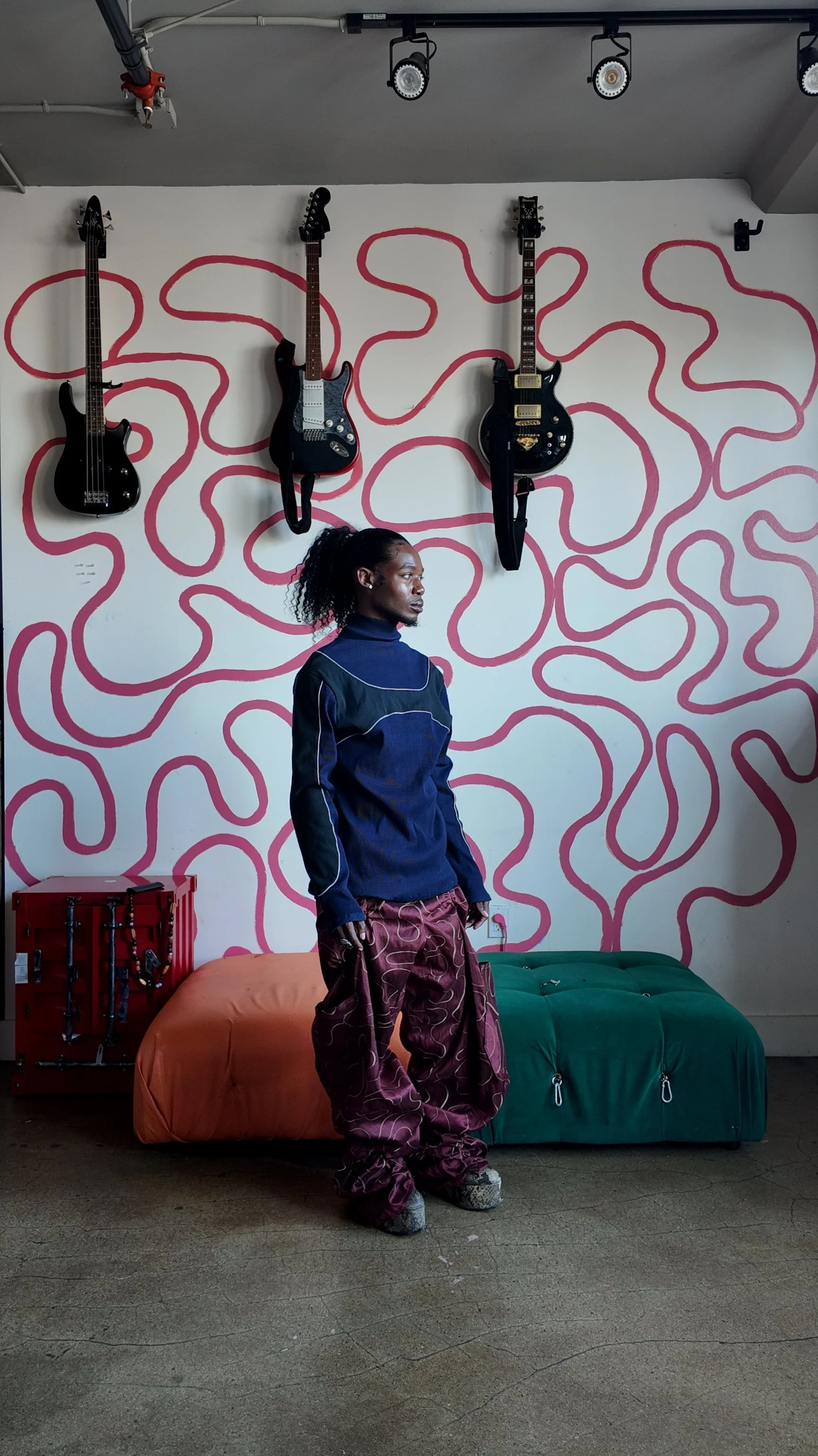 The Moto Turtleneck - Large 
Pleated Embroidery Pants in Burgundy
 
- Fits Sizes 32-36 