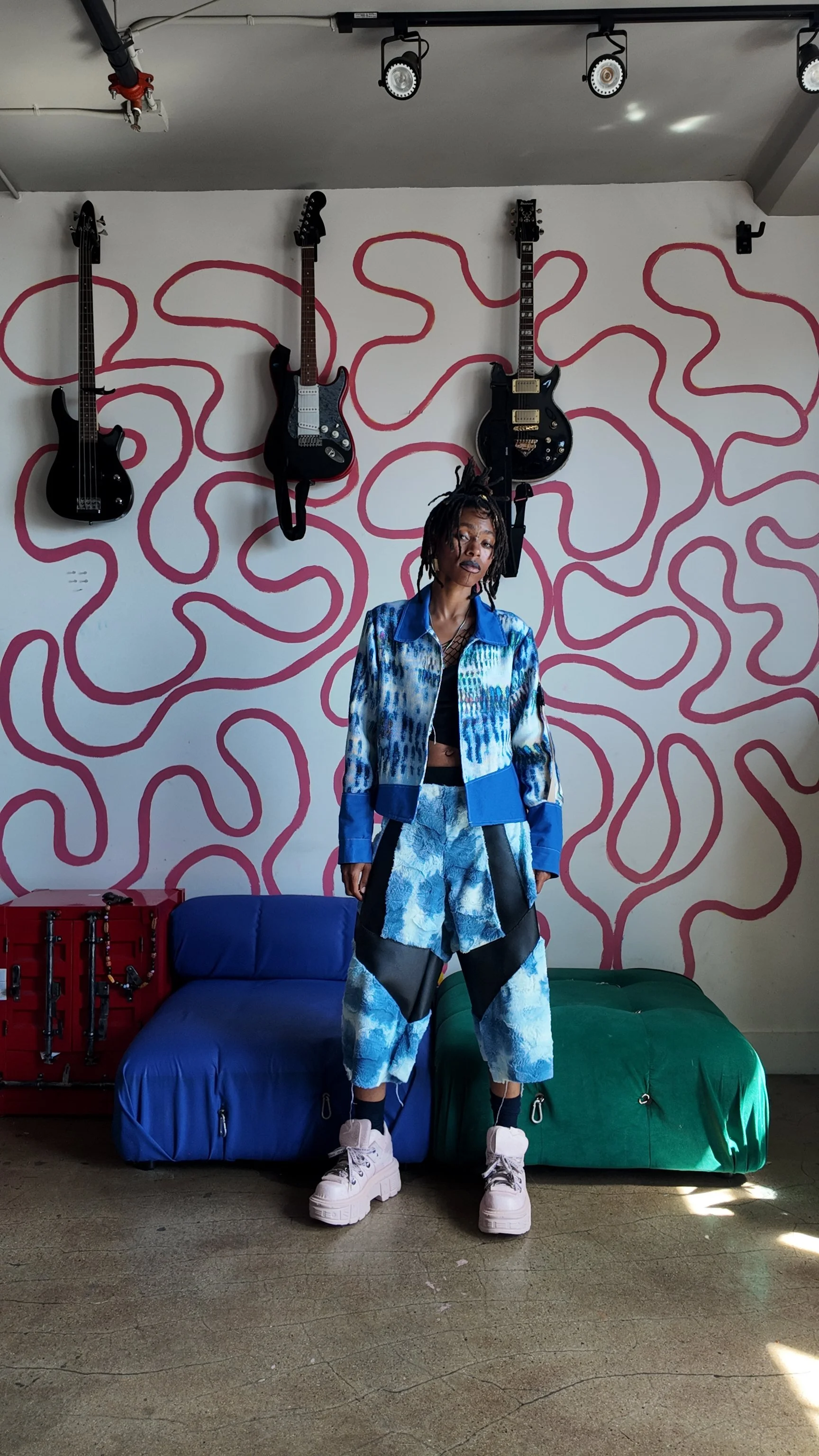 The Snake Jacket in Blue - Medium 
The Fur Shorts in Blue -  Large