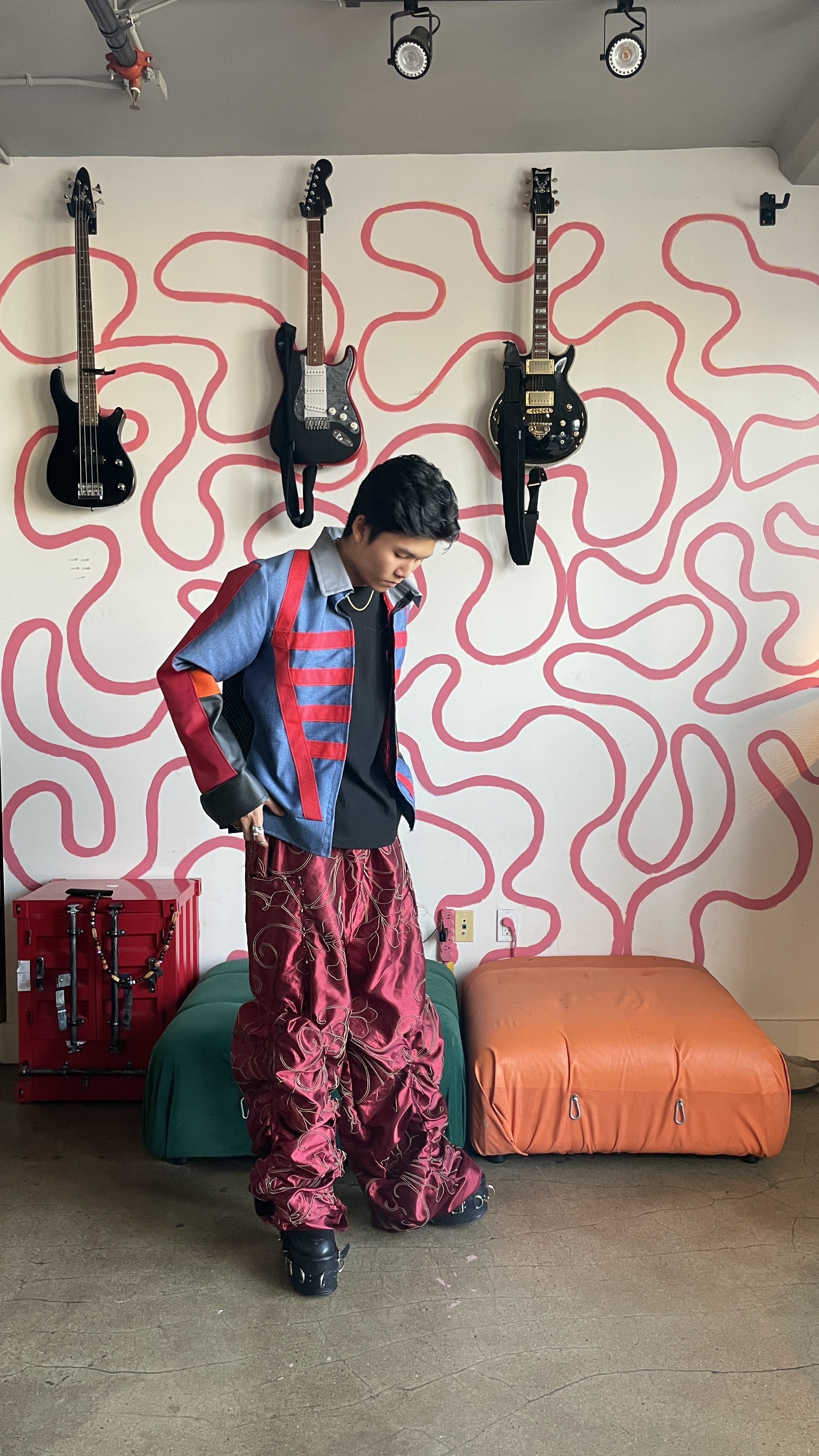 The Bandcamp Jacket - Medium 
Pleated Embroidery Pants in Red 
- Fits Sizes 32-36 