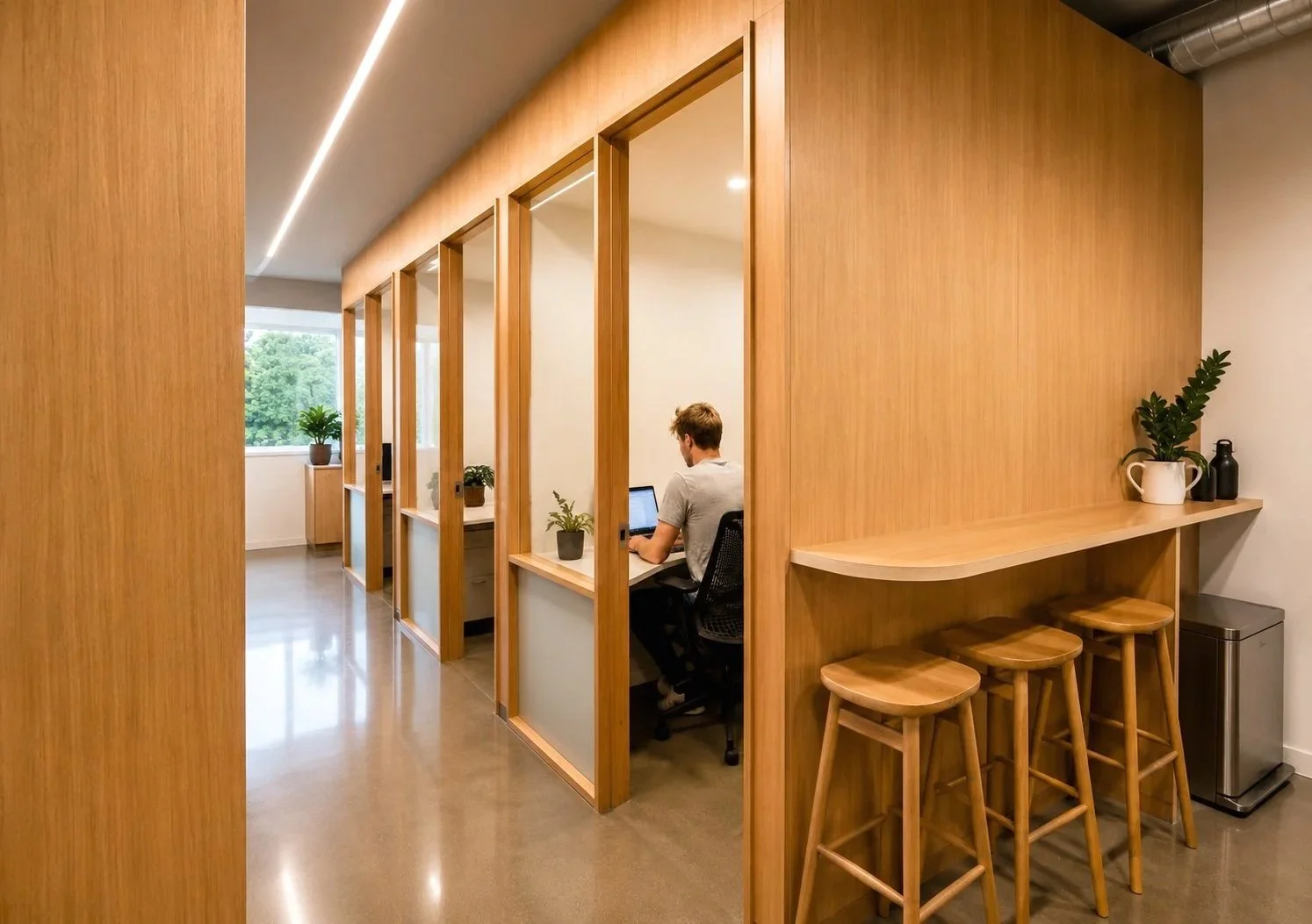a professional sits at his desk working in his pocket office within the creative capital co-working space at Habitat Byron Bay