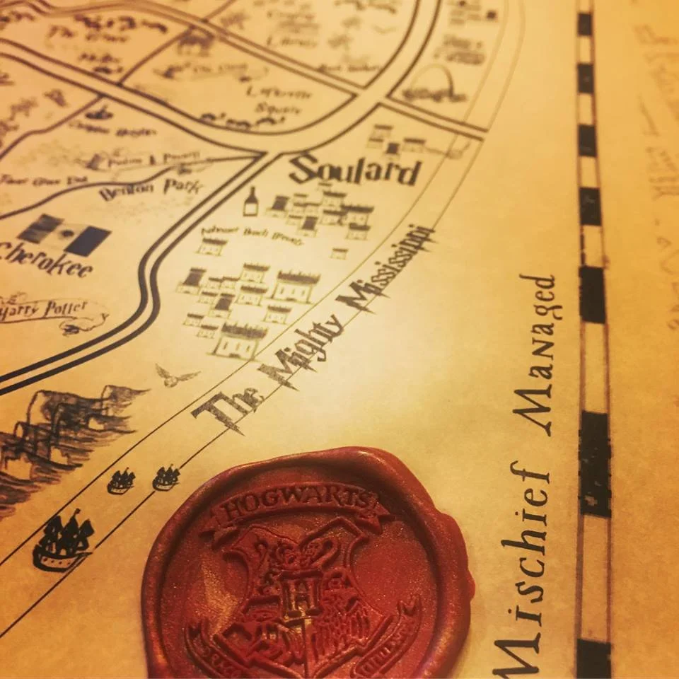 map showing the Mississippi river & Soulard, in the style of a Harry Potter map