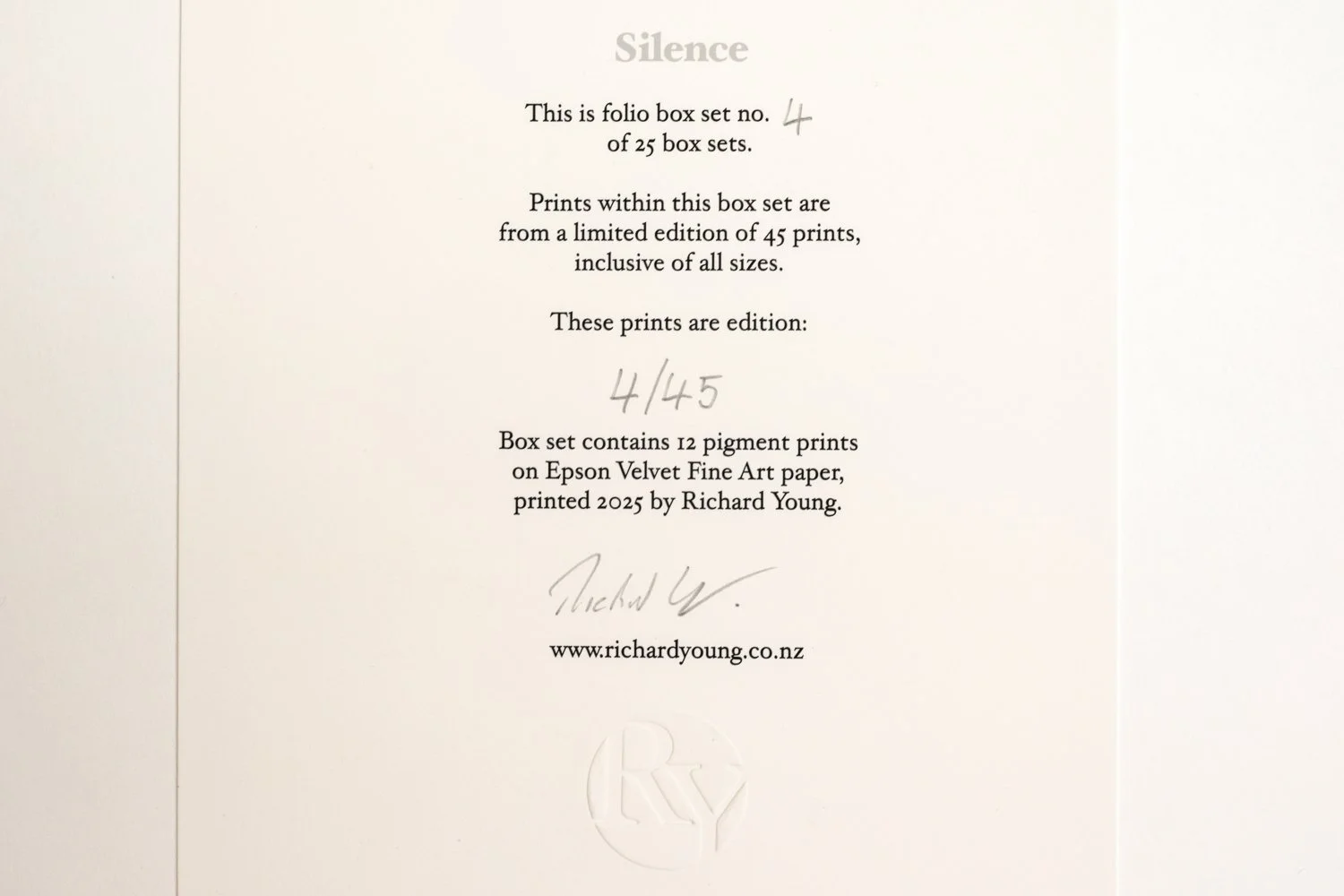 Certificate of Authenticity Silence One. Folio Box Set. A Portfolio of Fine Art Prints by Richard Young. 