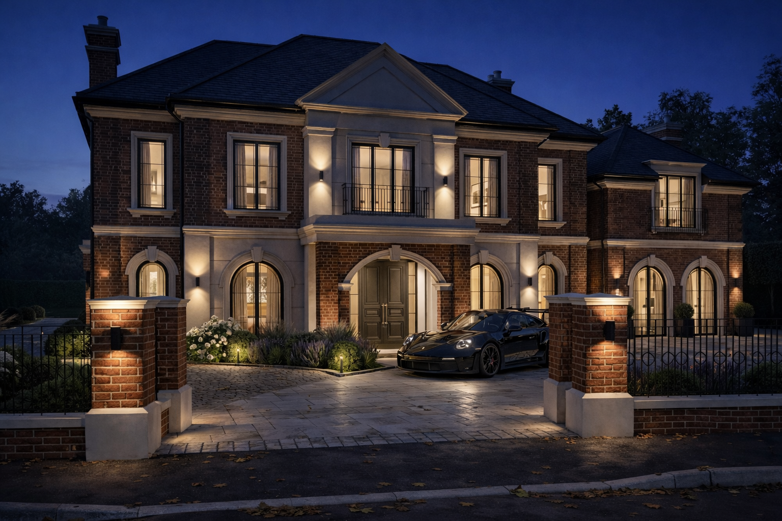 An aerial view of a residential construction site with scaffolding, building materials, and an active work crew, surrounded by completed houses and parked cars.