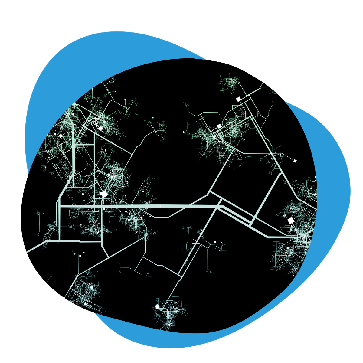 Abstract visualization of a connected water network, representing large-scale SCADA data analysis and demand forecasting.