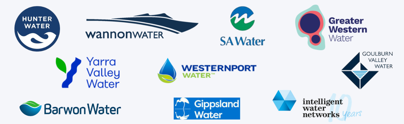 The image shows 'who we've worked with' logos for Hunter Water, Wannon Water, SA Water, Greater Western Water, Yarra Valley Water, Westernport Water, Goulburn Valley Water, Barwon Water, Gippsland Water, and Intelligent Water Networks.