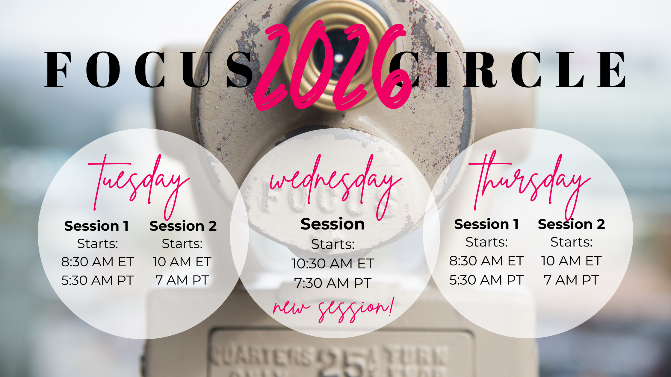 A schedule of Focus Circle 2026 sessions with dates and times for Tuesday, Wednesday, and Thursday, overlapping on a blurred background of a coin-operated viewfinder.