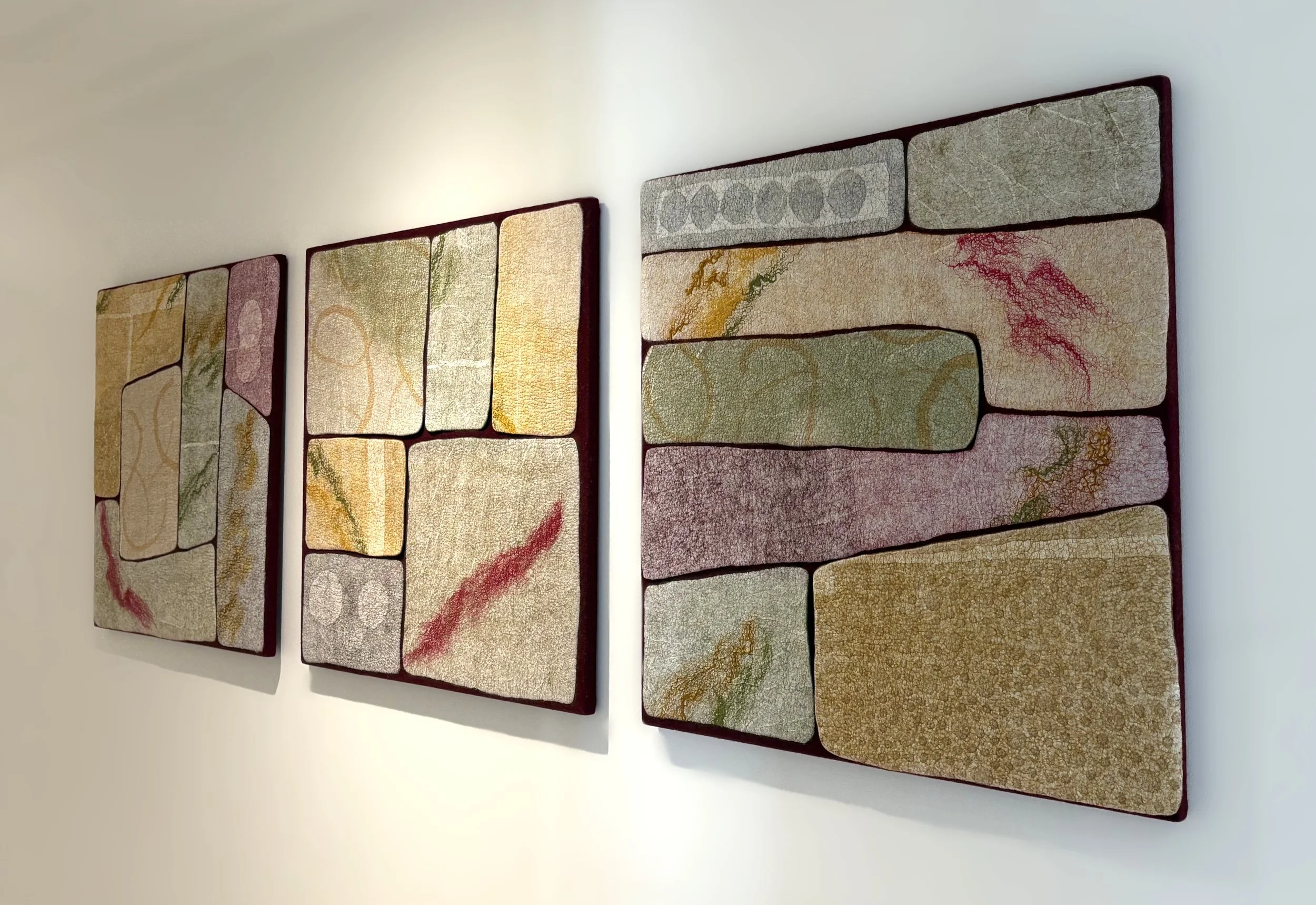 QUIETUDE, 2025. Each panel is 30"x30".  Wool, paper, hand-painted silk, and plant fibers.