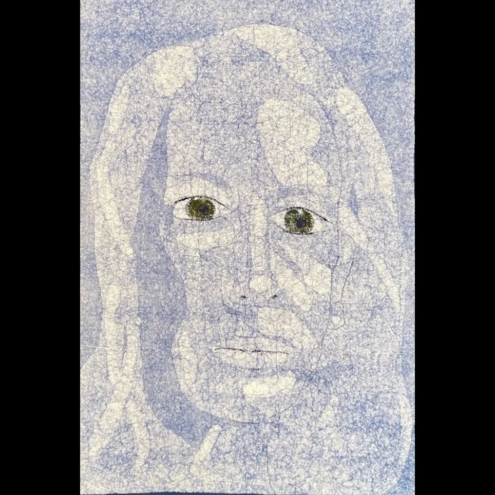 FEELING BLUE, 2021. 18”x 26”. Wool, kozo paper, sumi ink, acrylic paint.