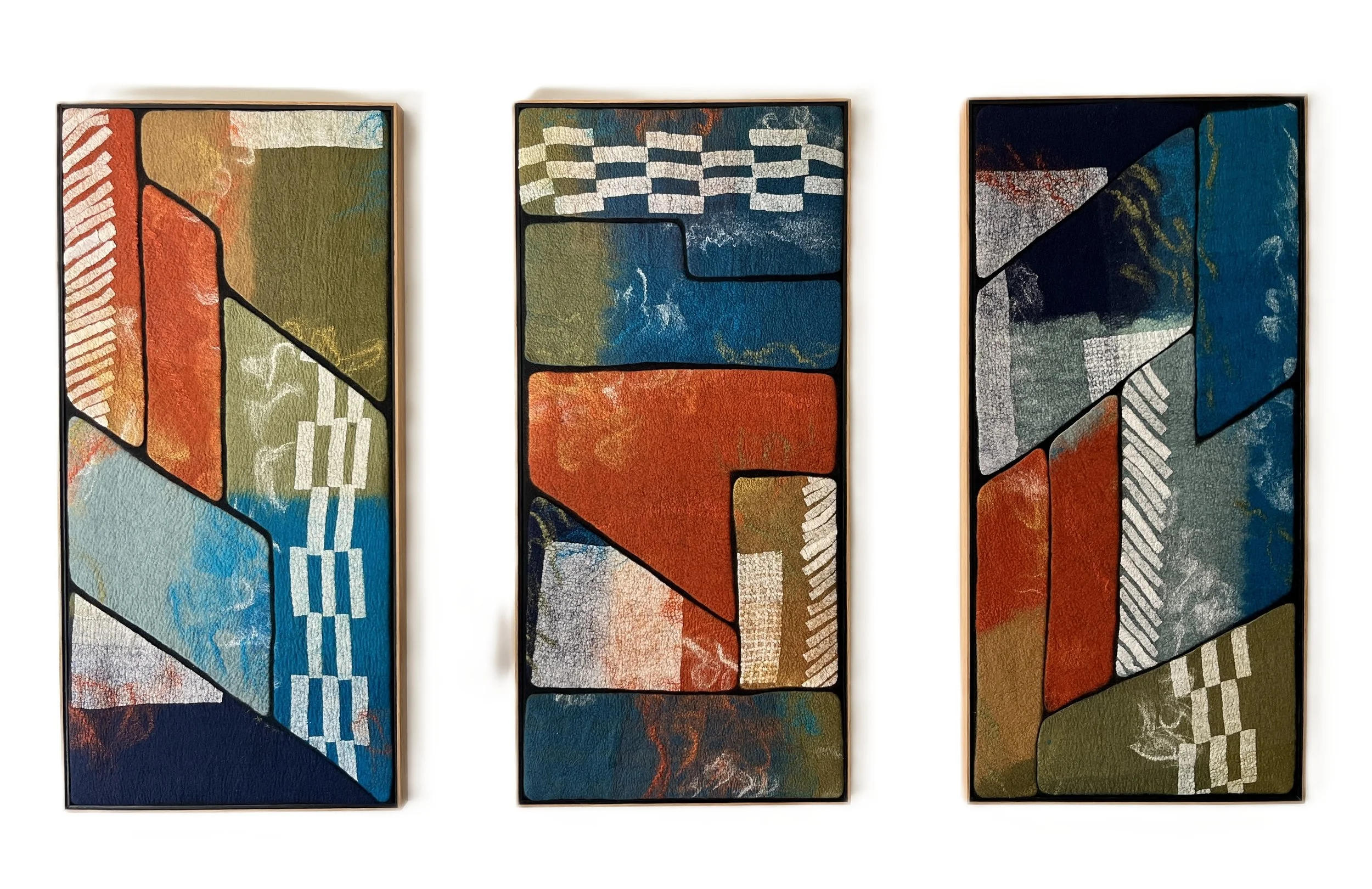 CITY LIVING, 2025.  Each panel 18"x36".  Wool, paper, plant fibers.